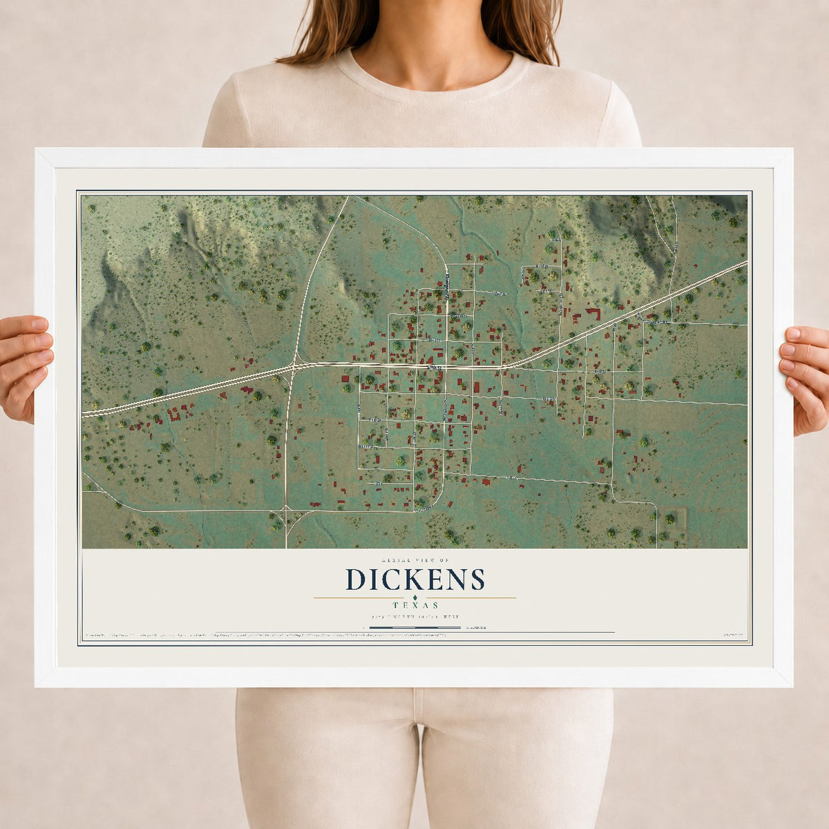 Map of Dickens, Texas, 18 x 24 inch print in a white wood frame