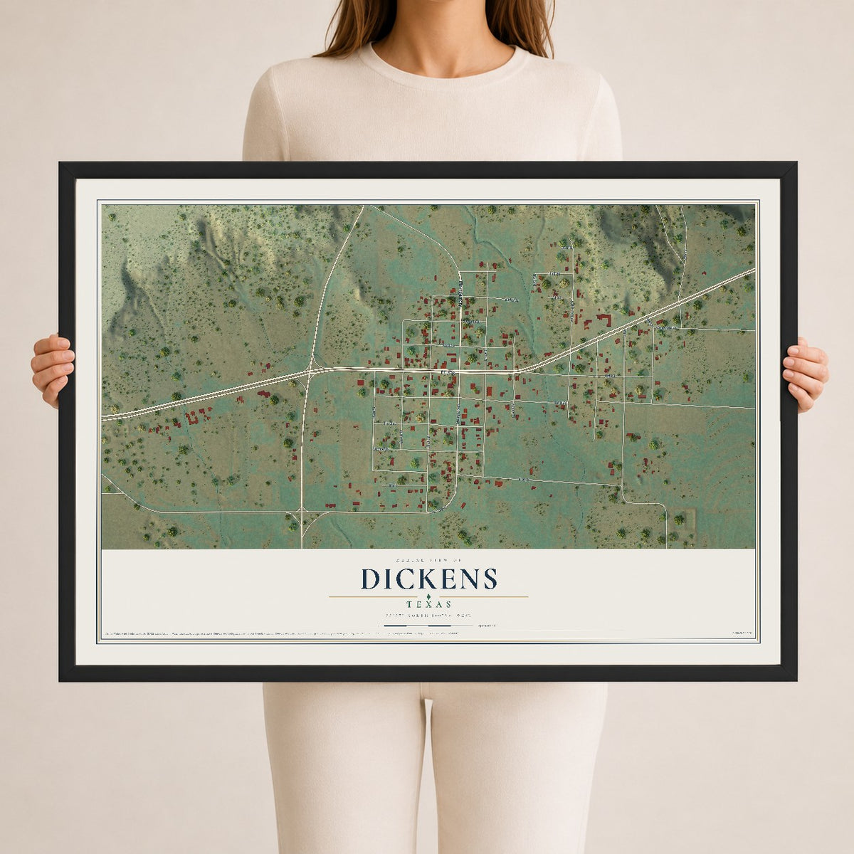 Map of Dickens, Texas, 24 x 36 inch print in a black wood frame