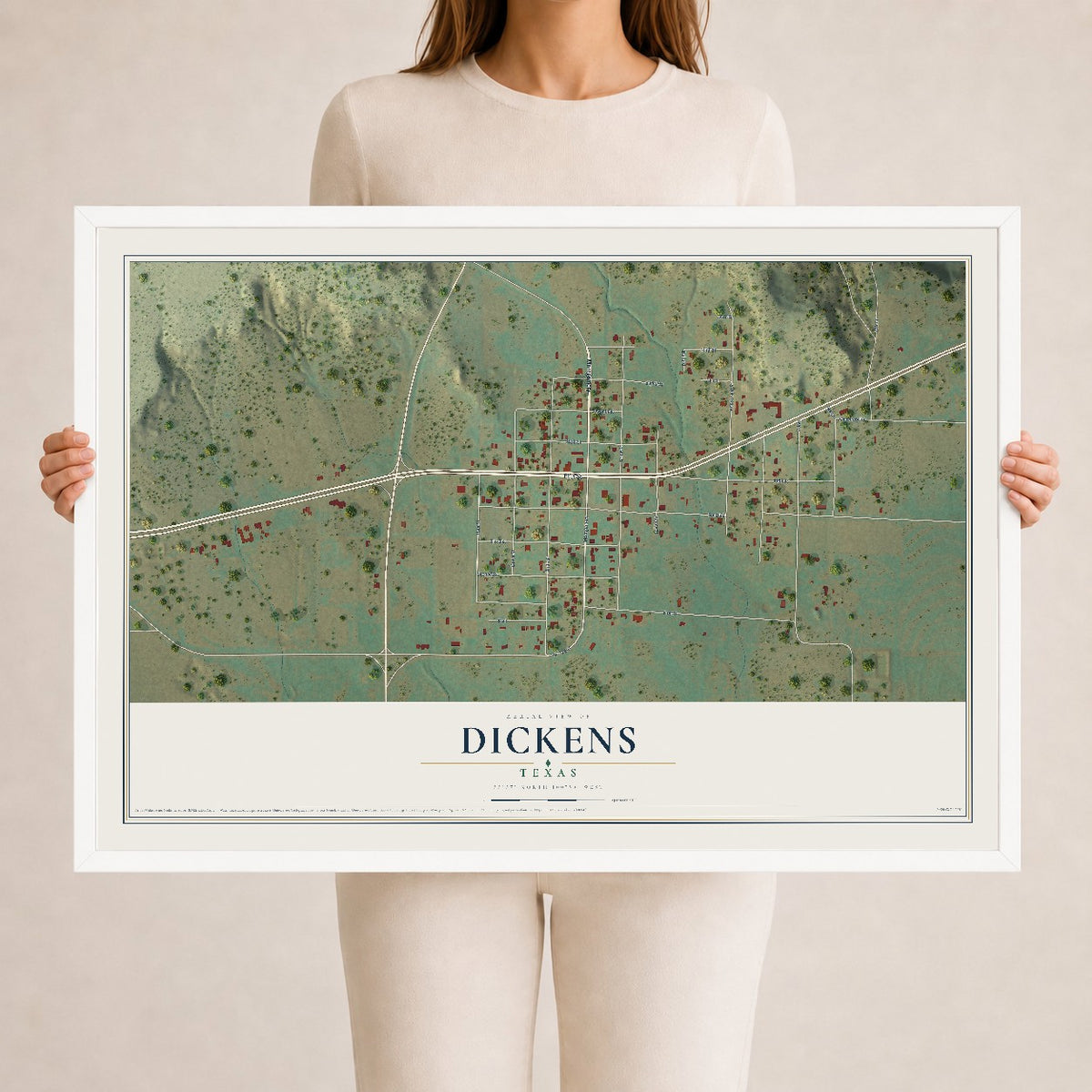 Map of Dickens, Texas, 24 x 36 inch print in a white wood frame