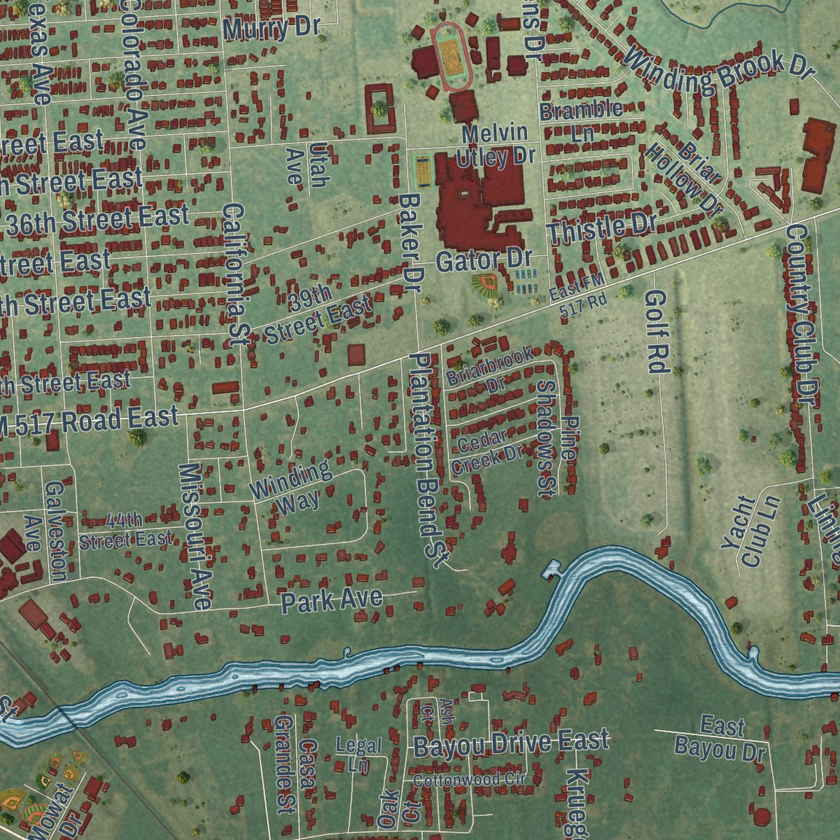 Close-up of the map of Dickinson, Texas print showing street and building detail