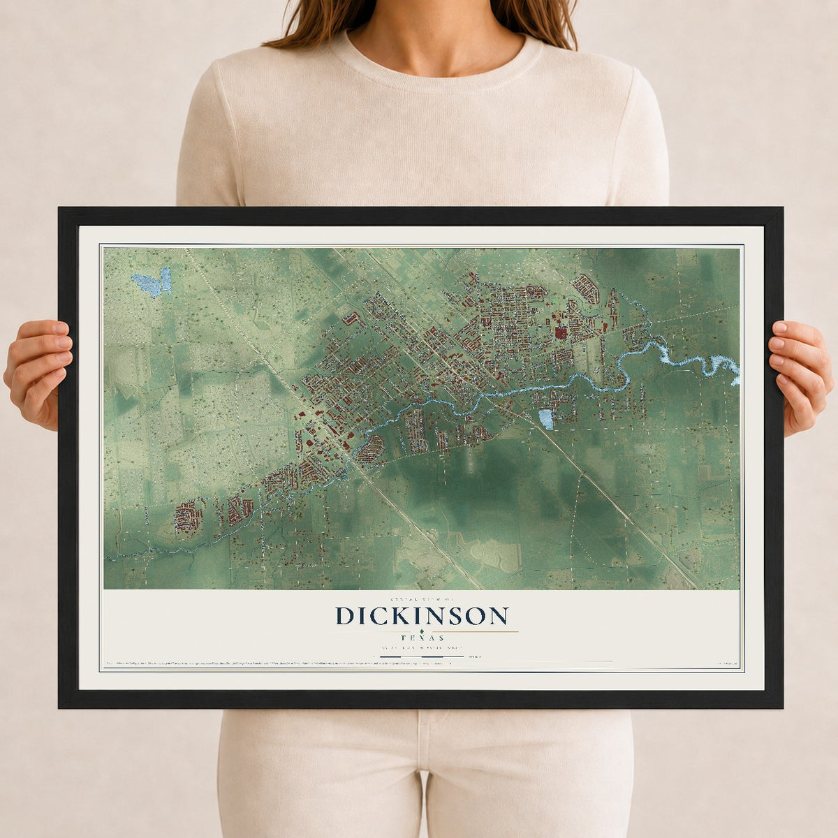 Map of Dickinson, Texas, 12 x 18 inch print in a black wood frame