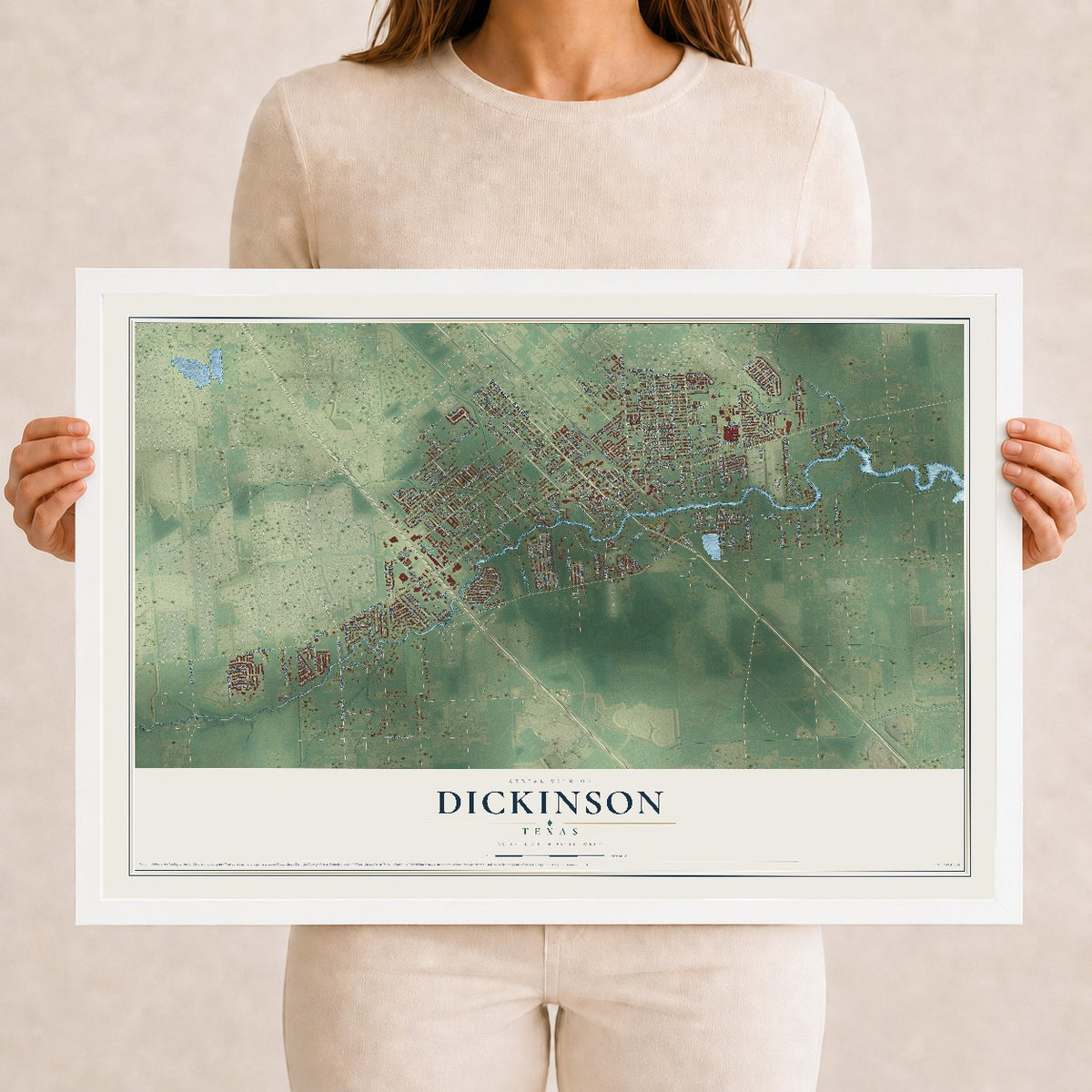 Map of Dickinson, Texas, 12 x 18 inch print in a white wood frame