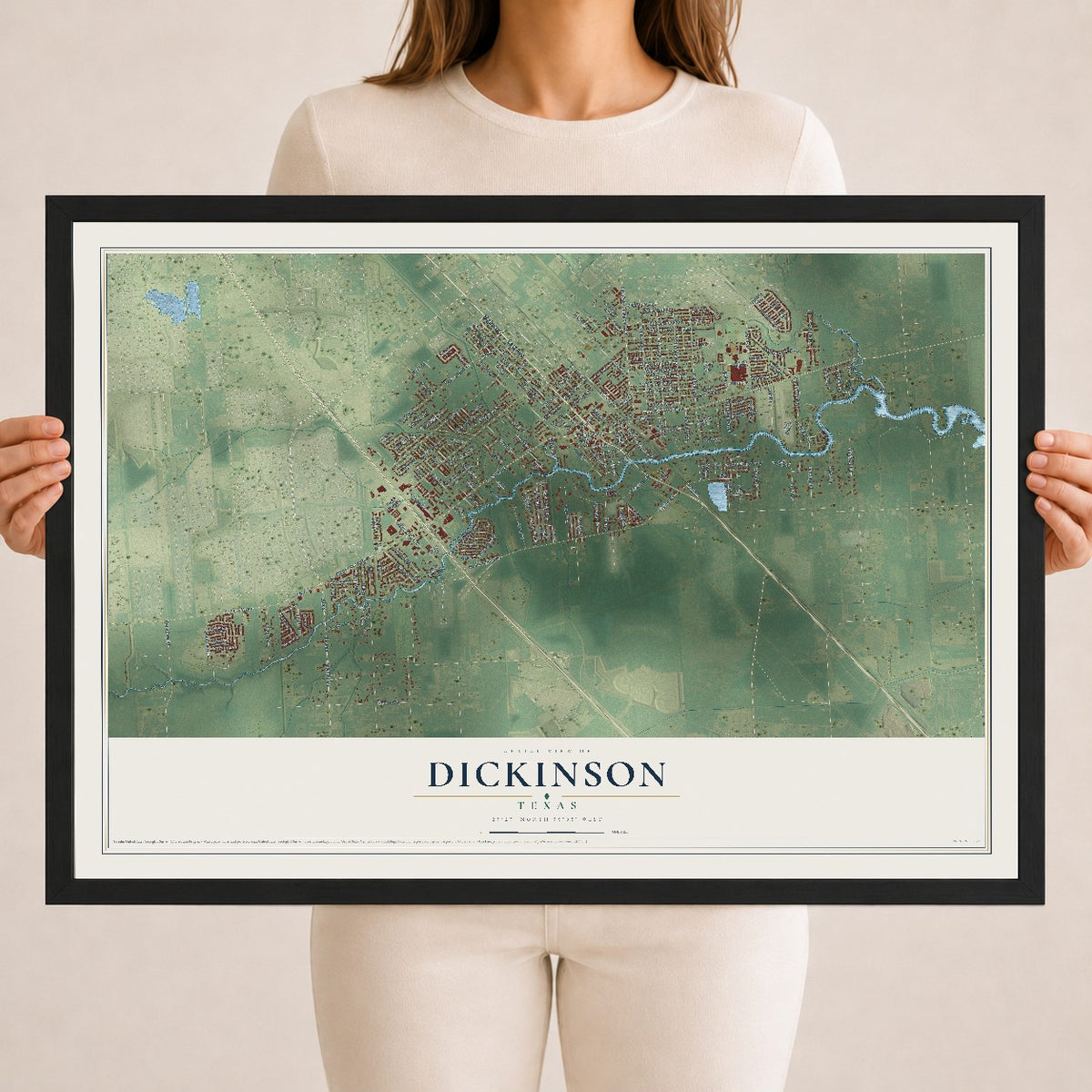Map of Dickinson, Texas, 18 x 24 inch print in a black wood frame