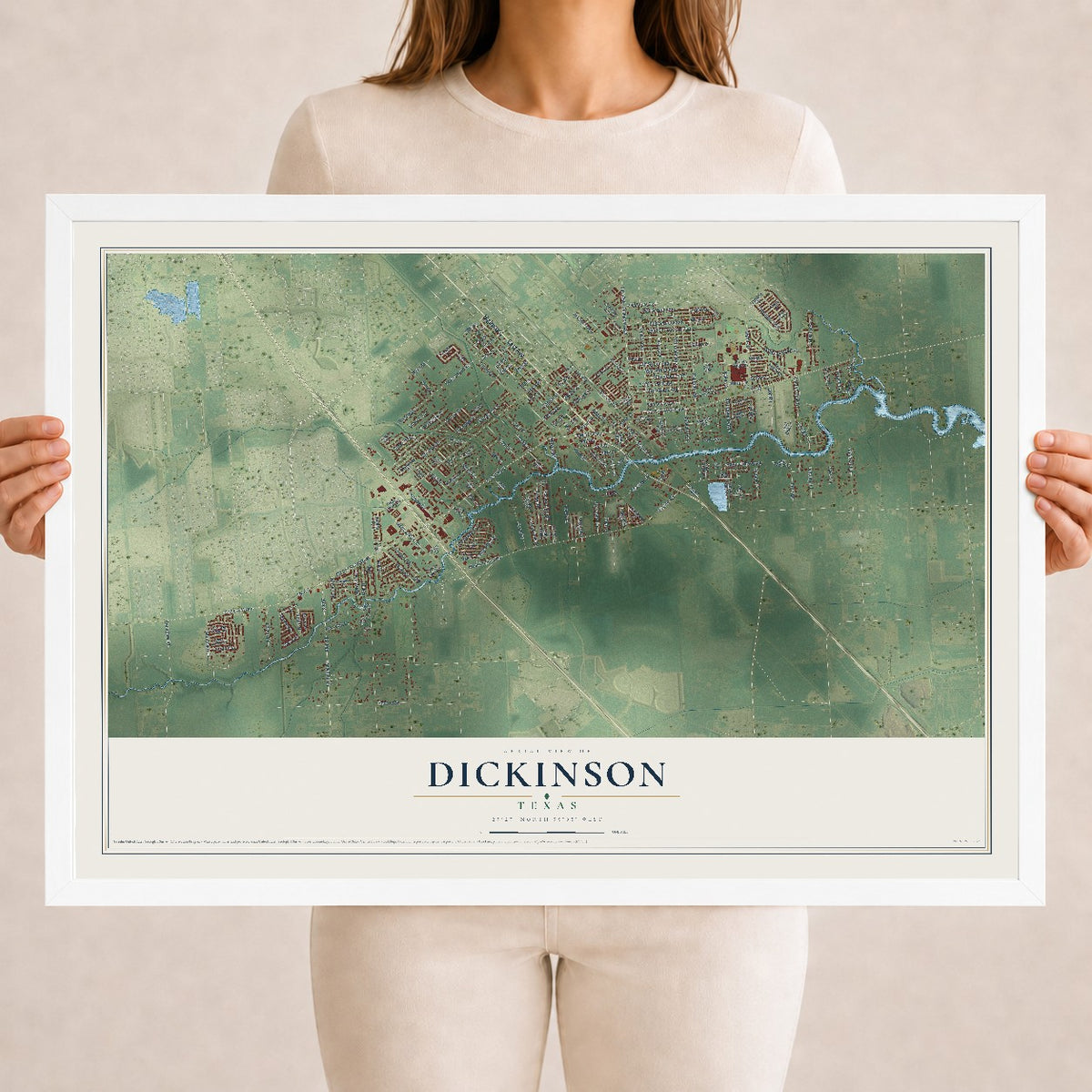 Map of Dickinson, Texas, 18 x 24 inch print in a white wood frame