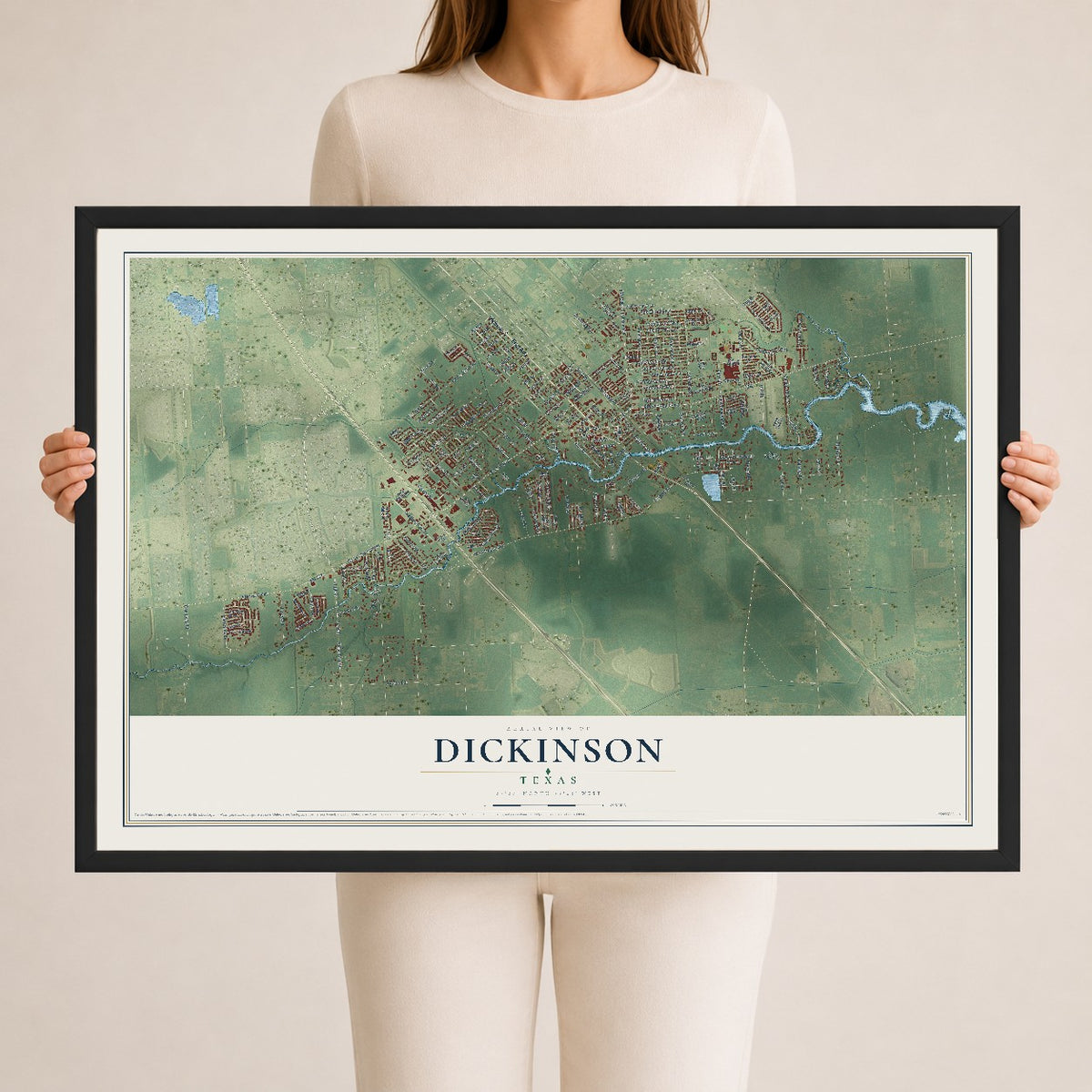 Map of Dickinson, Texas, 24 x 36 inch print in a black wood frame