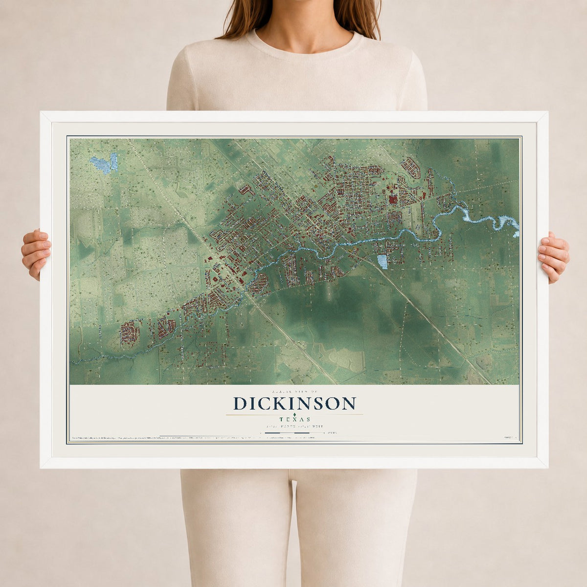 Map of Dickinson, Texas, 24 x 36 inch print in a white wood frame
