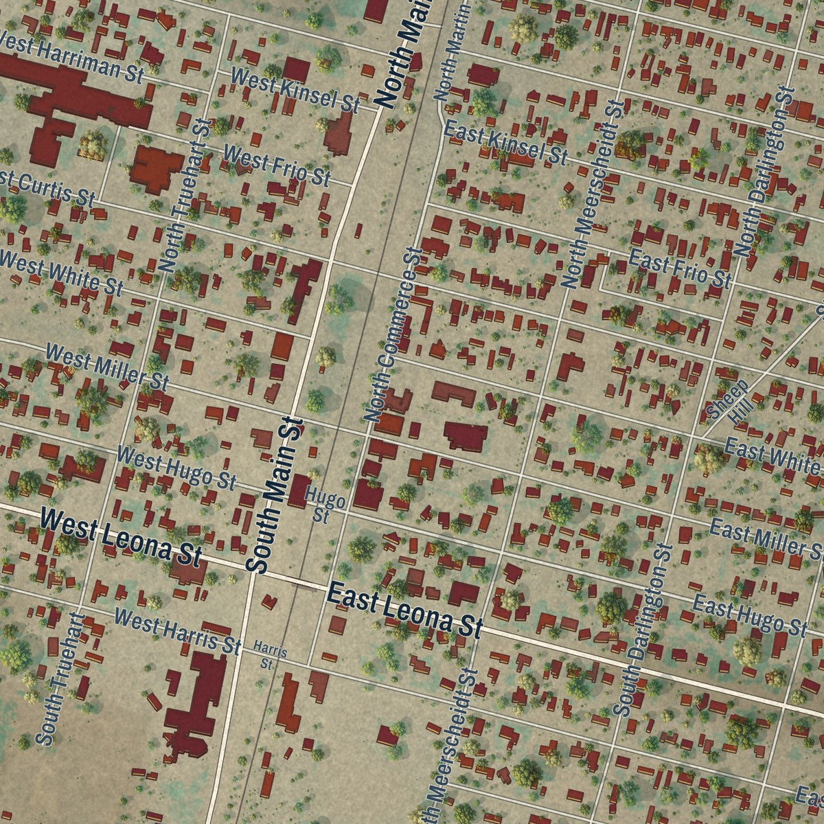 Close-up of the map of Dilley, Texas print showing street and building detail