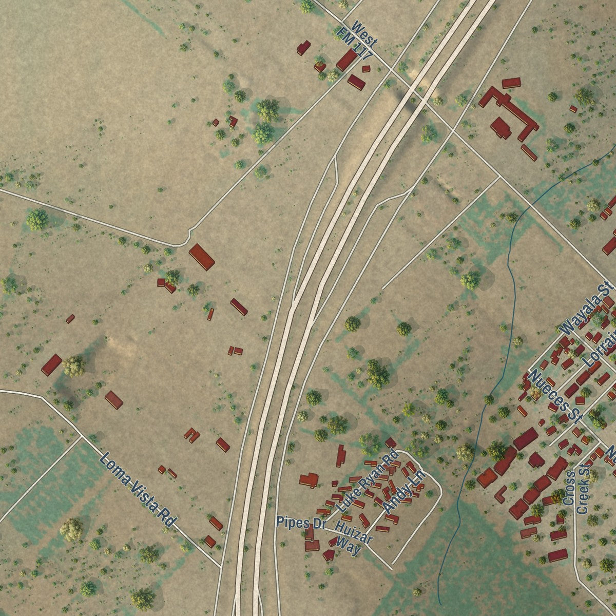 Second close-up of the map of Dilley, Texas print showing more streets and buildings