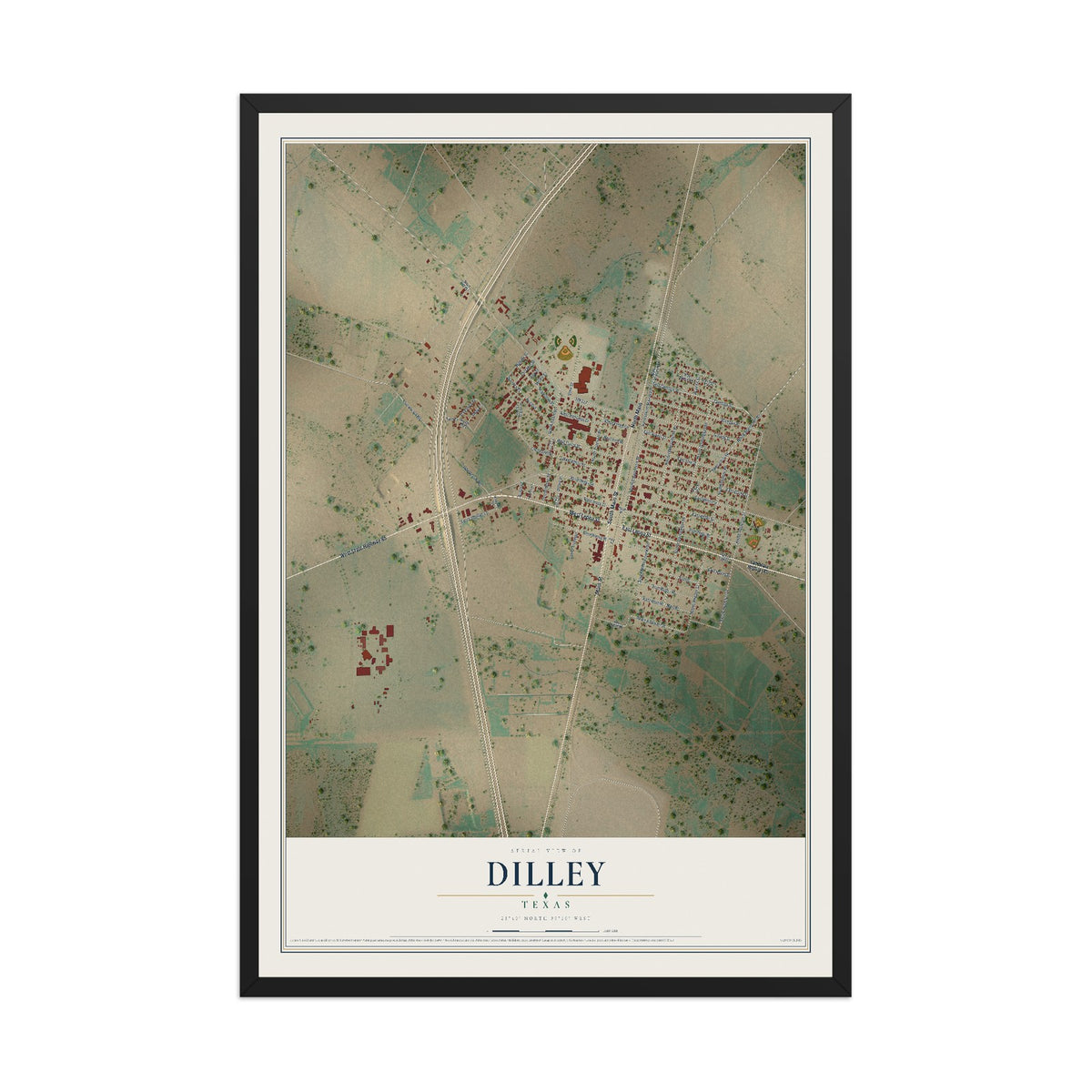 Map of Dilley, Texas, 12 x 18 inch print in a black wood frame
