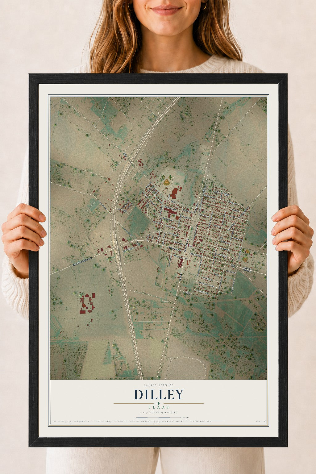 Map of Dilley, Texas, 18 x 24 inch print in a black wood frame