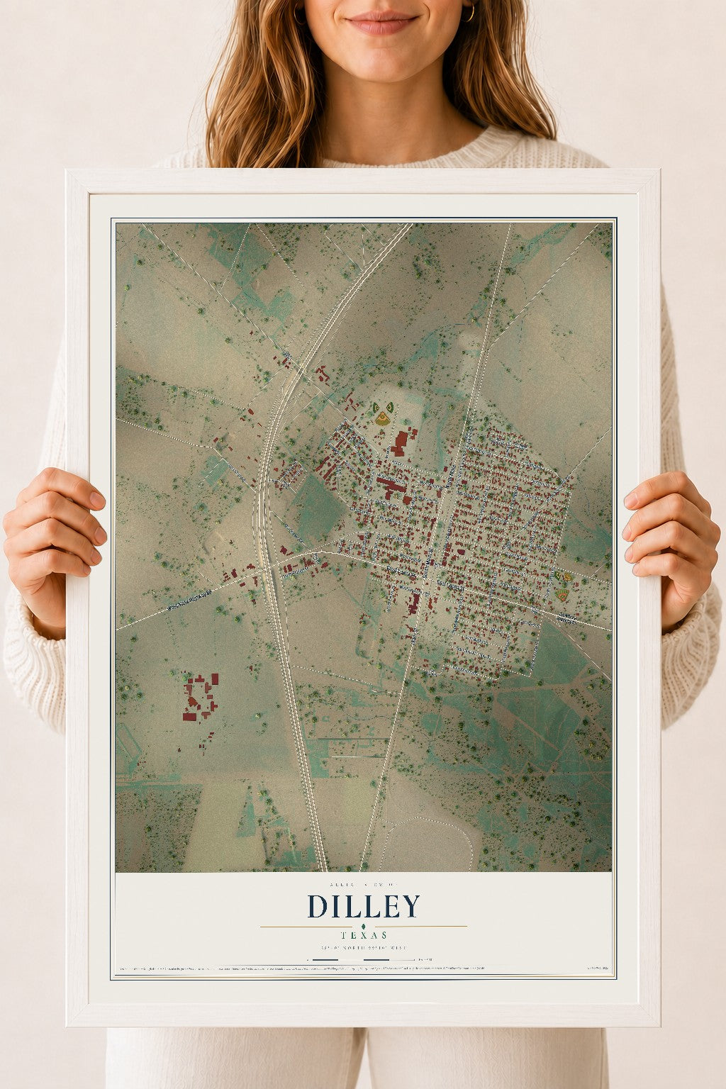 Map of Dilley, Texas, 18 x 24 inch print in a white wood frame