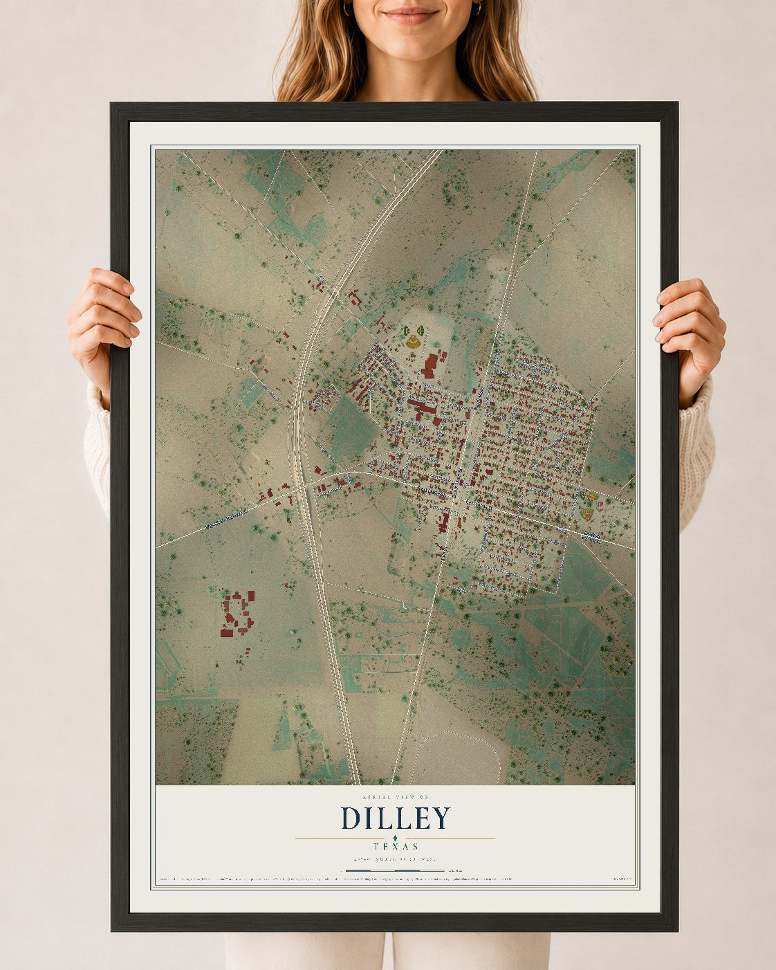 Map of Dilley, Texas, 24 x 36 inch print in a black wood frame