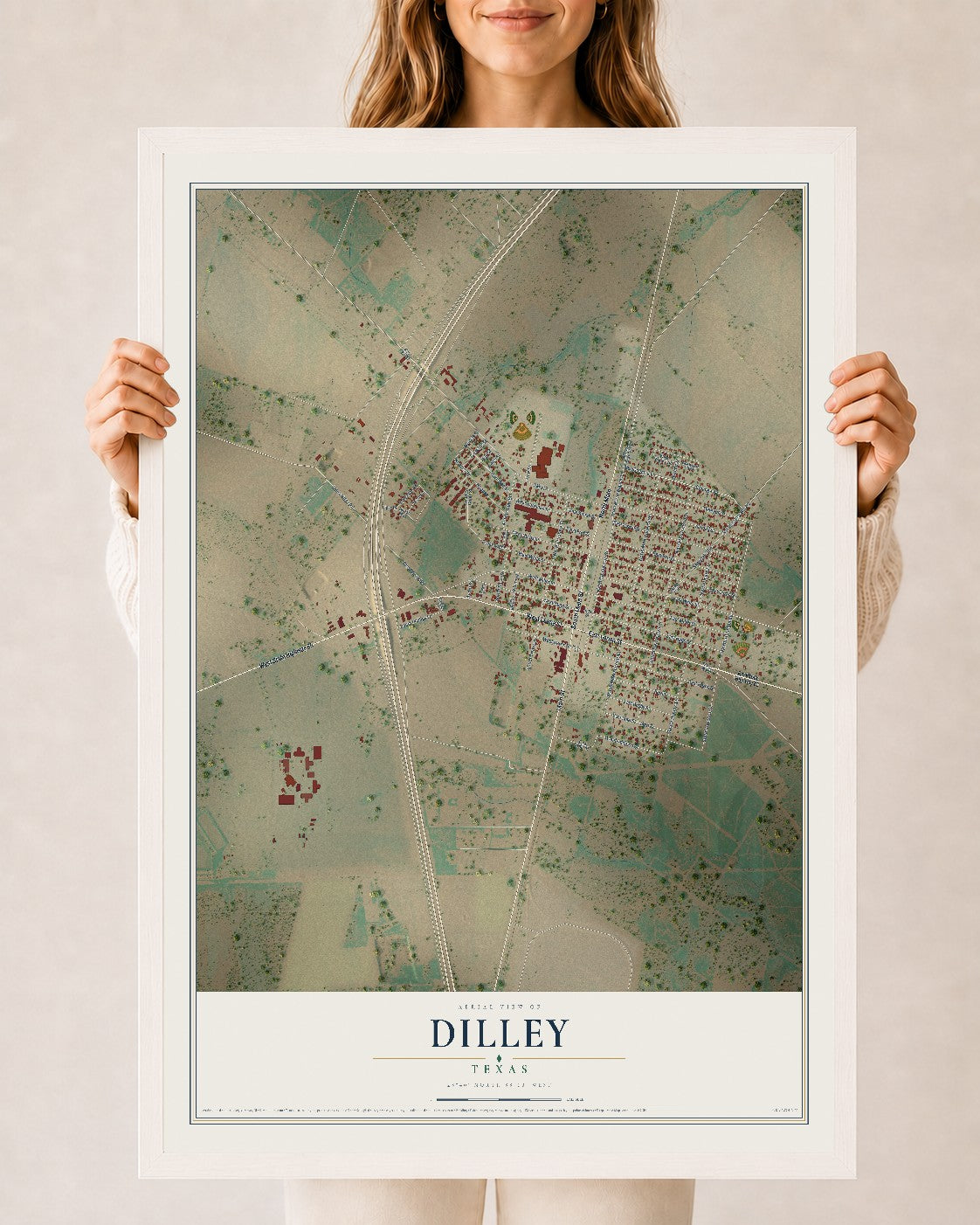 Map of Dilley, Texas, 24 x 36 inch print in a white wood frame