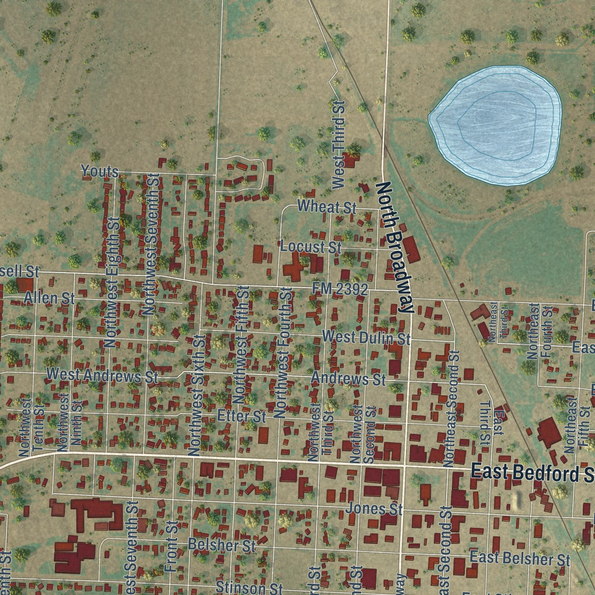 Close-up of the map of Dimmitt, Texas print showing street and building detail