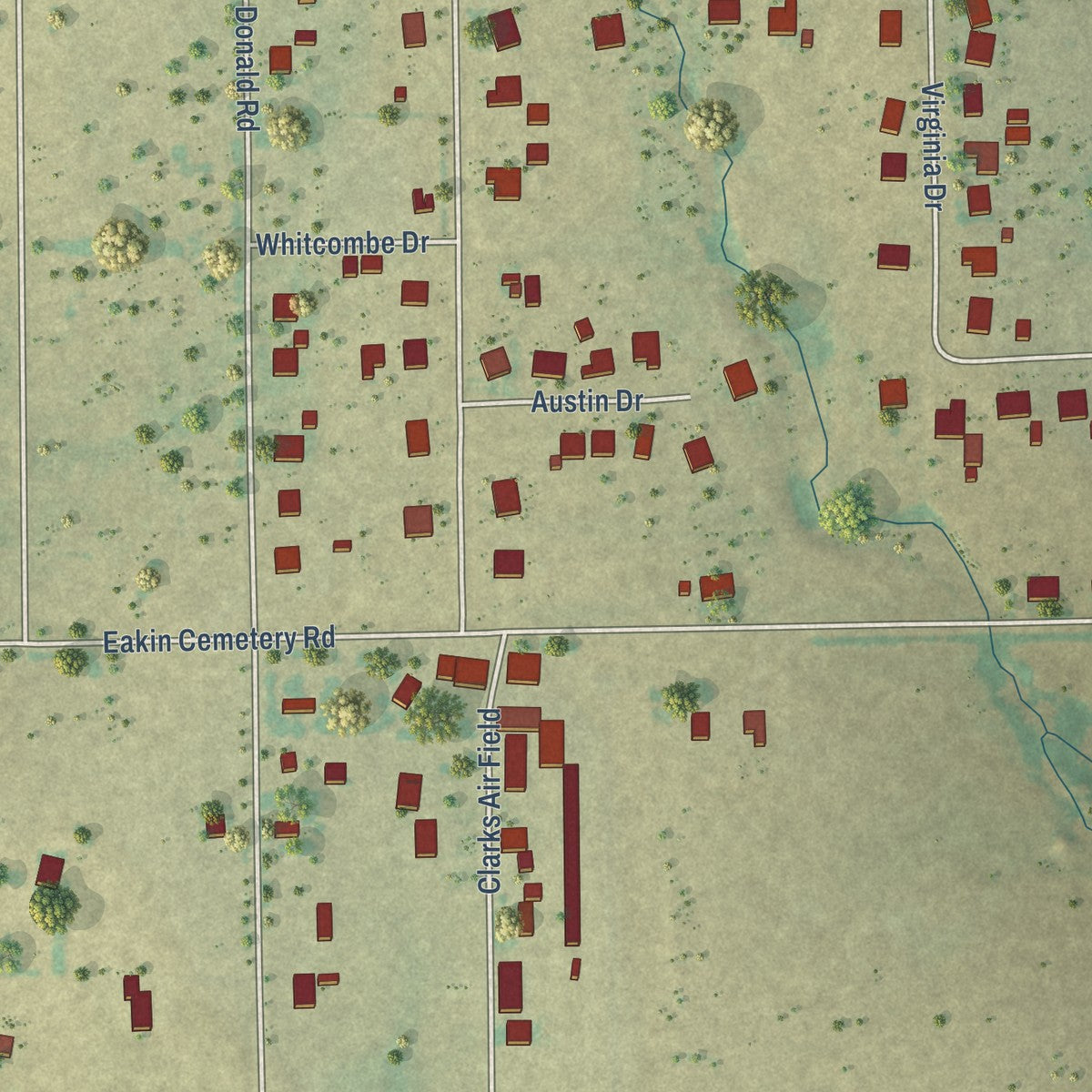 Close-up of the map of DISH, Texas print showing street and building detail