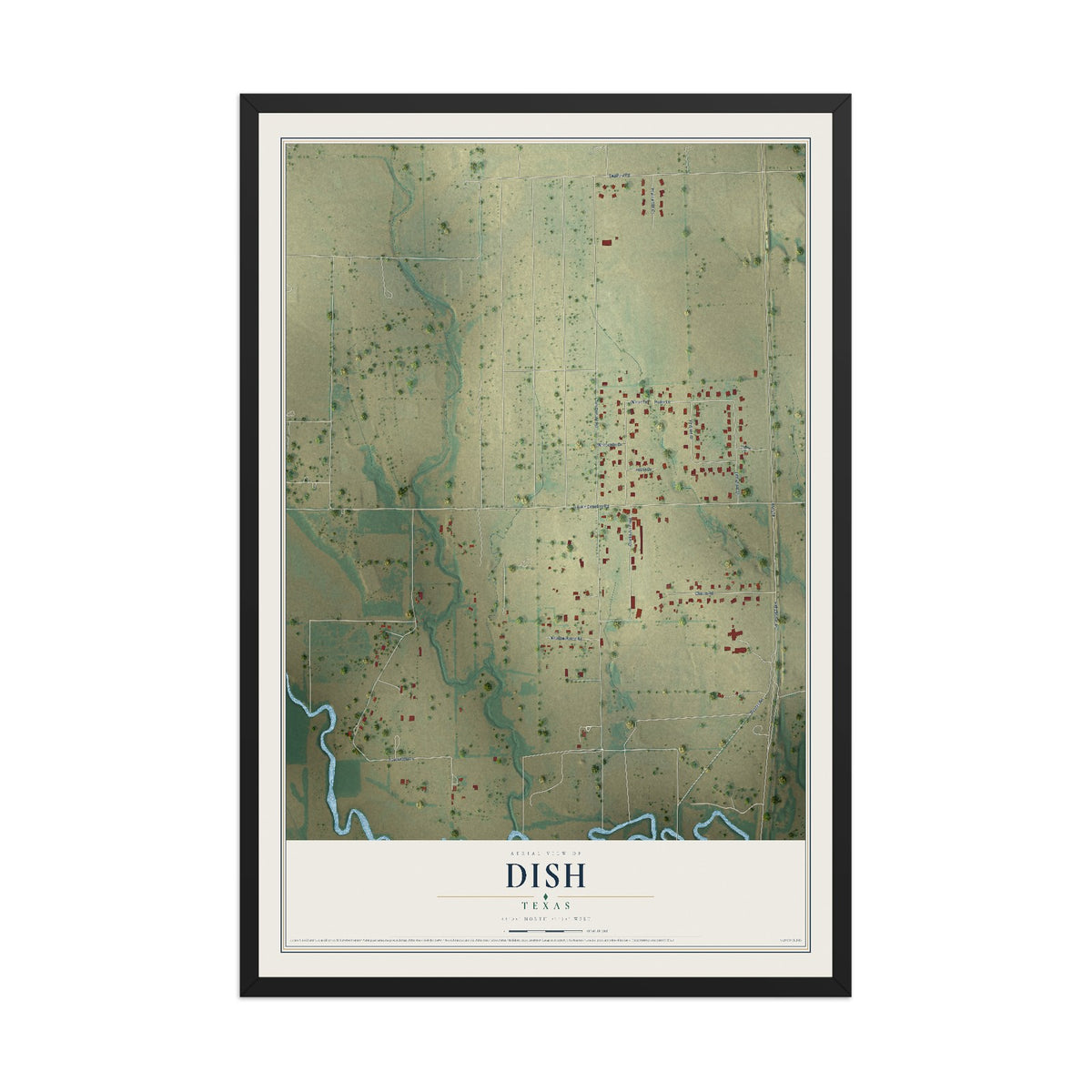 Map of DISH, Texas, 12 x 18 inch print in a black wood frame