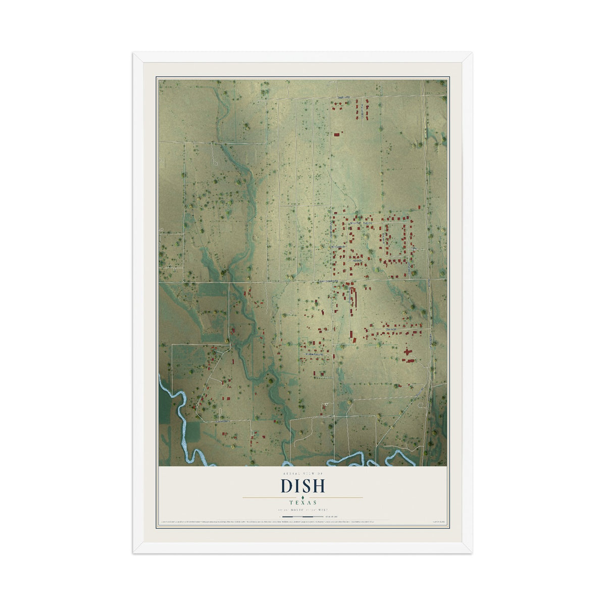 Map of DISH, Texas, 12 x 18 inch print in a white wood frame