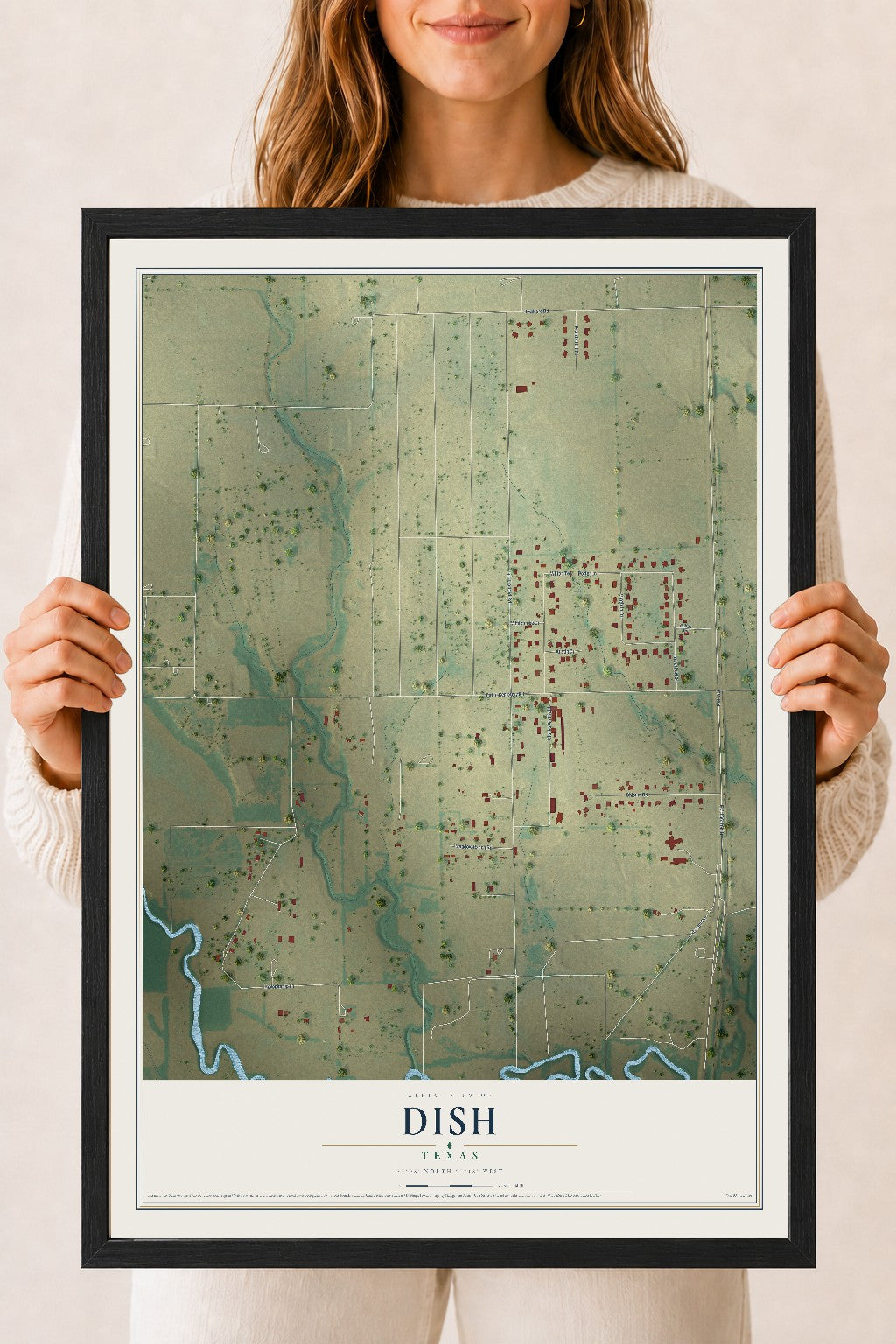 Map of DISH, Texas, 18 x 24 inch print in a black wood frame