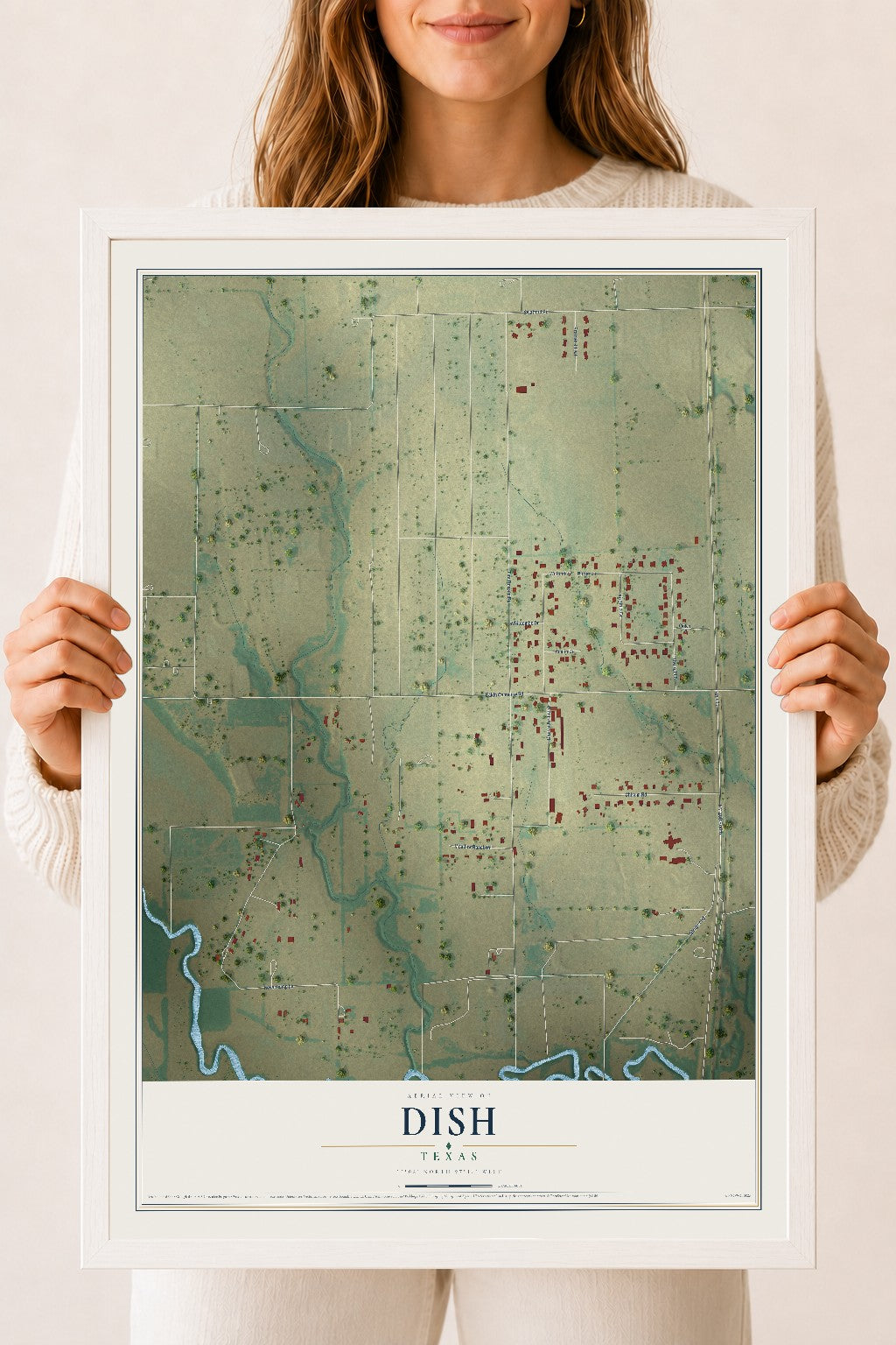 Map of DISH, Texas, 18 x 24 inch print in a white wood frame