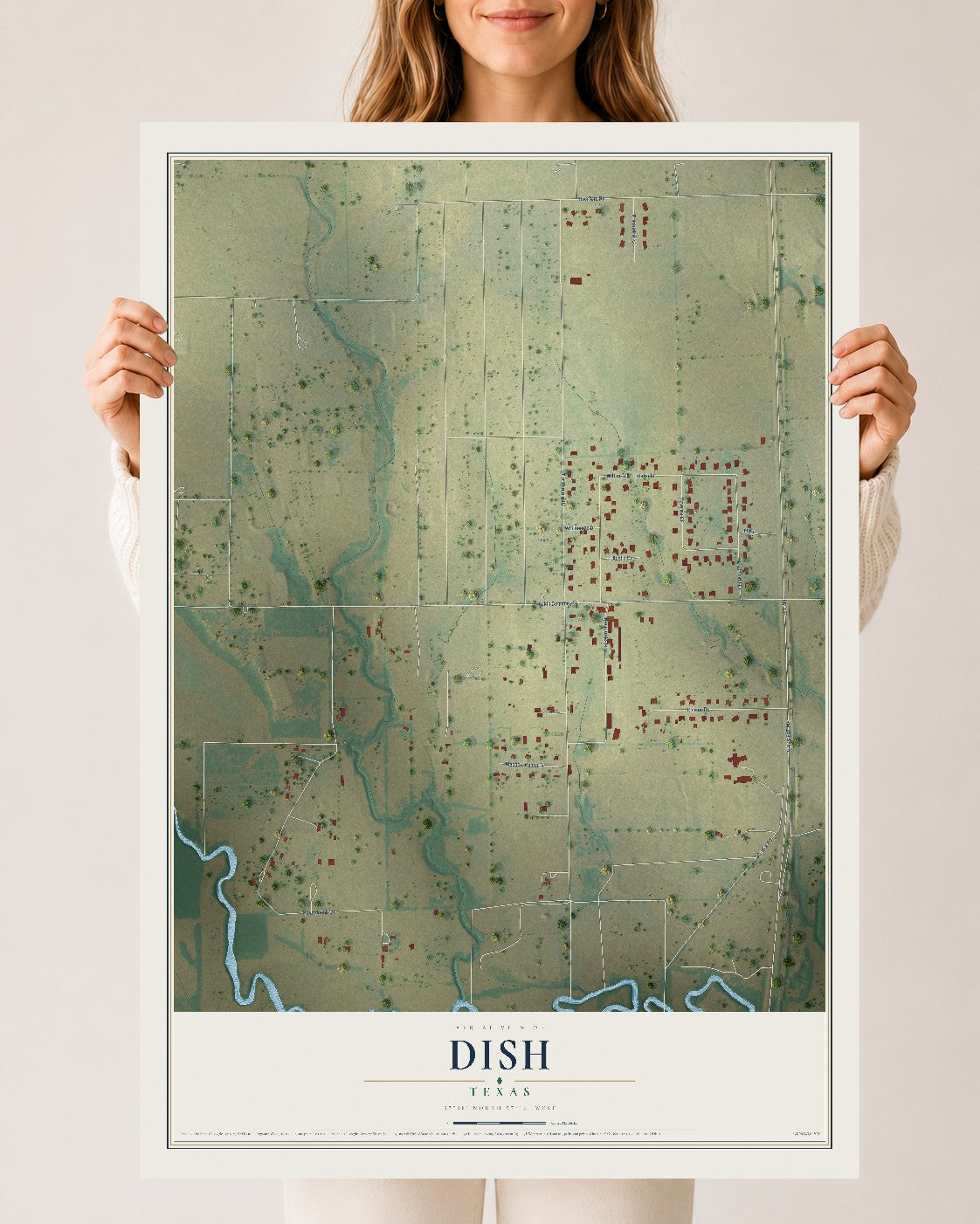 Map of DISH, Texas, 24 x 36 inch unframed archival matte print