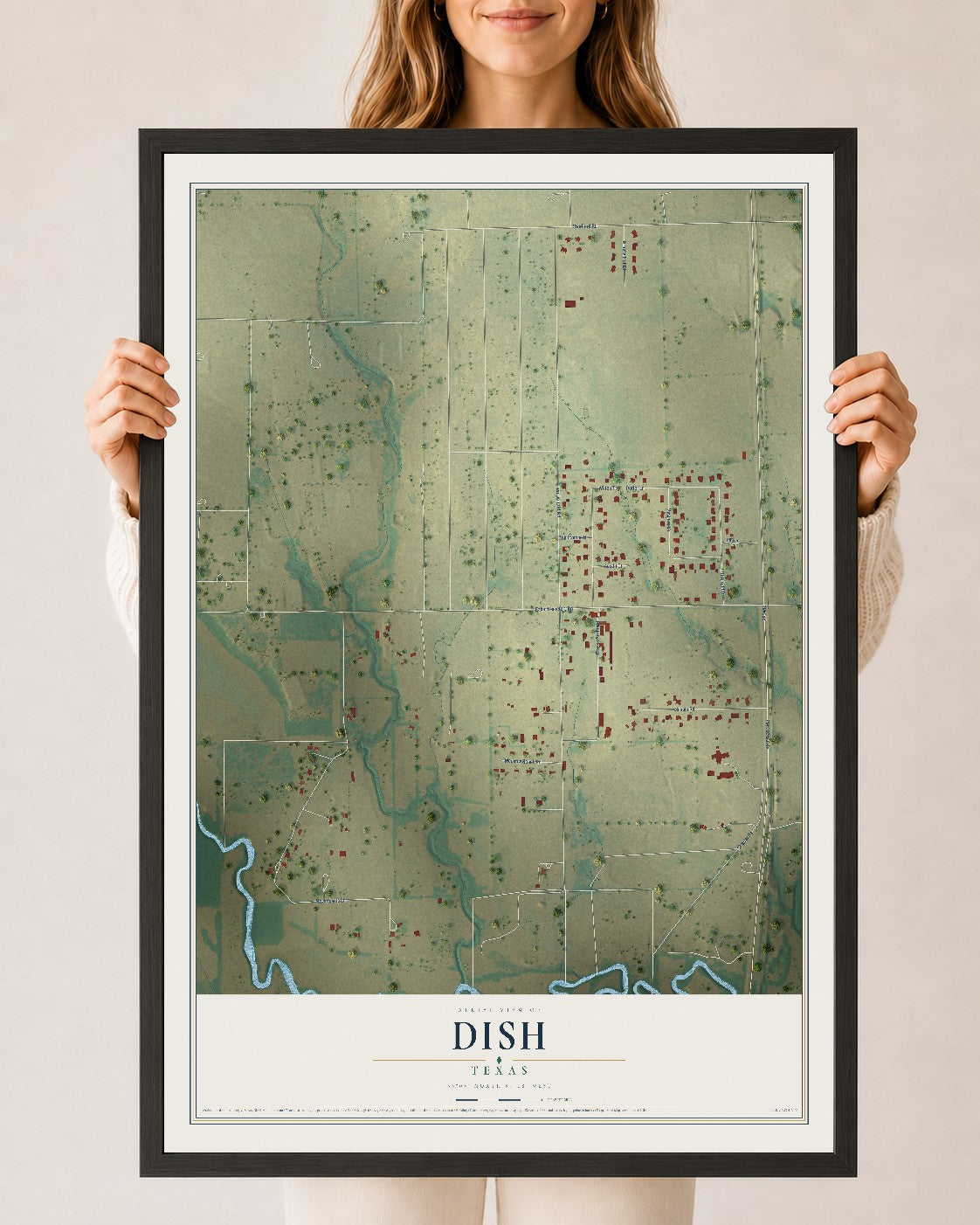 Map of DISH, Texas, 24 x 36 inch print in a black wood frame