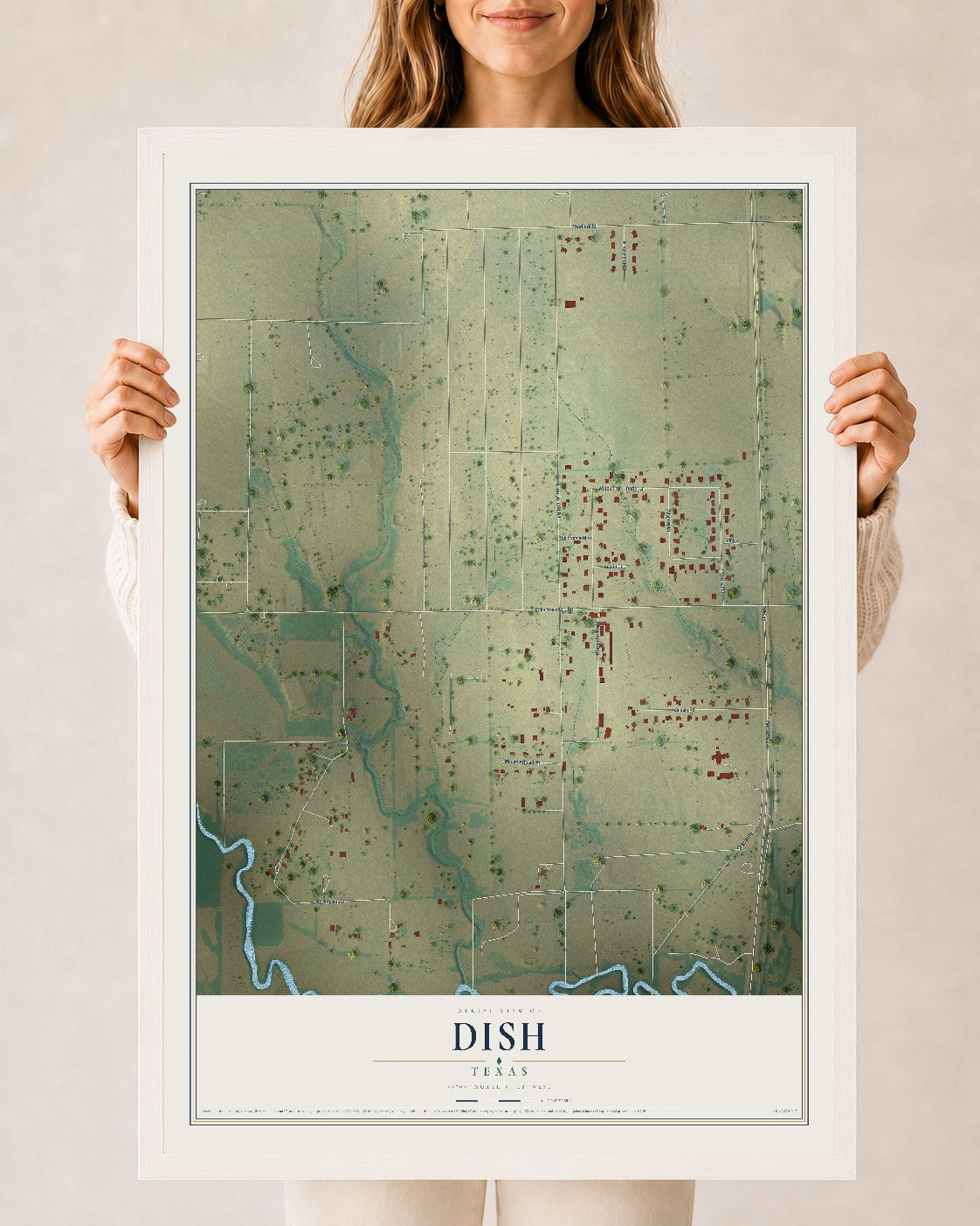 Map of DISH, Texas, 24 x 36 inch print in a white wood frame