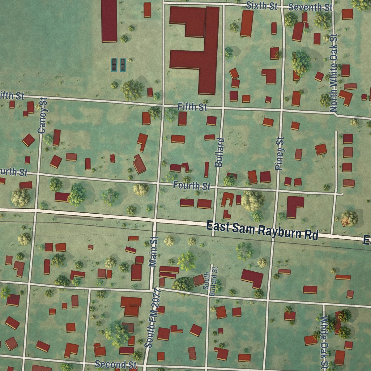 Close-up of the map of Dodd City, Texas print showing street and building detail