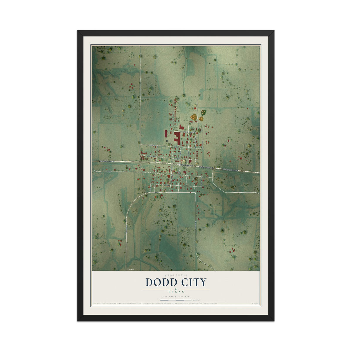 Map of Dodd City, Texas, 12 x 18 inch print in a black wood frame