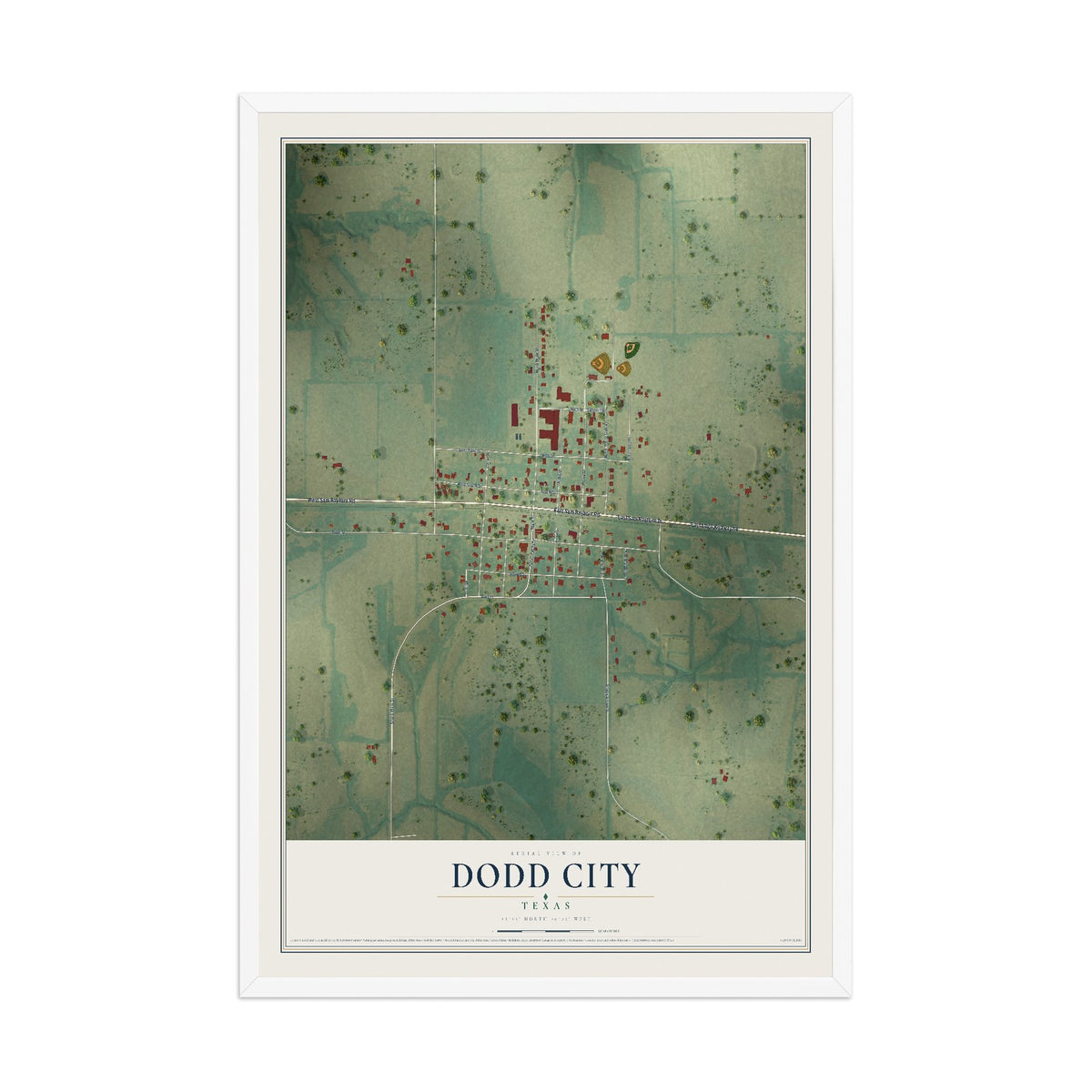 Map of Dodd City, Texas, 12 x 18 inch print in a white wood frame