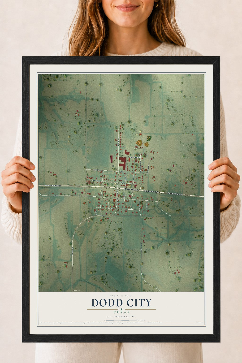 Map of Dodd City, Texas, 18 x 24 inch print in a black wood frame