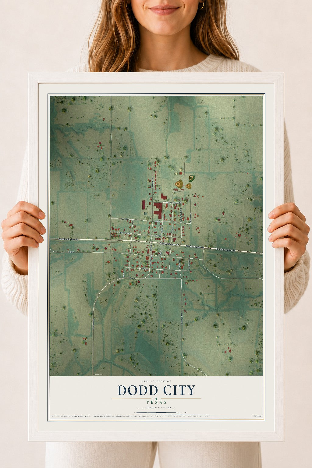 Map of Dodd City, Texas, 18 x 24 inch print in a white wood frame