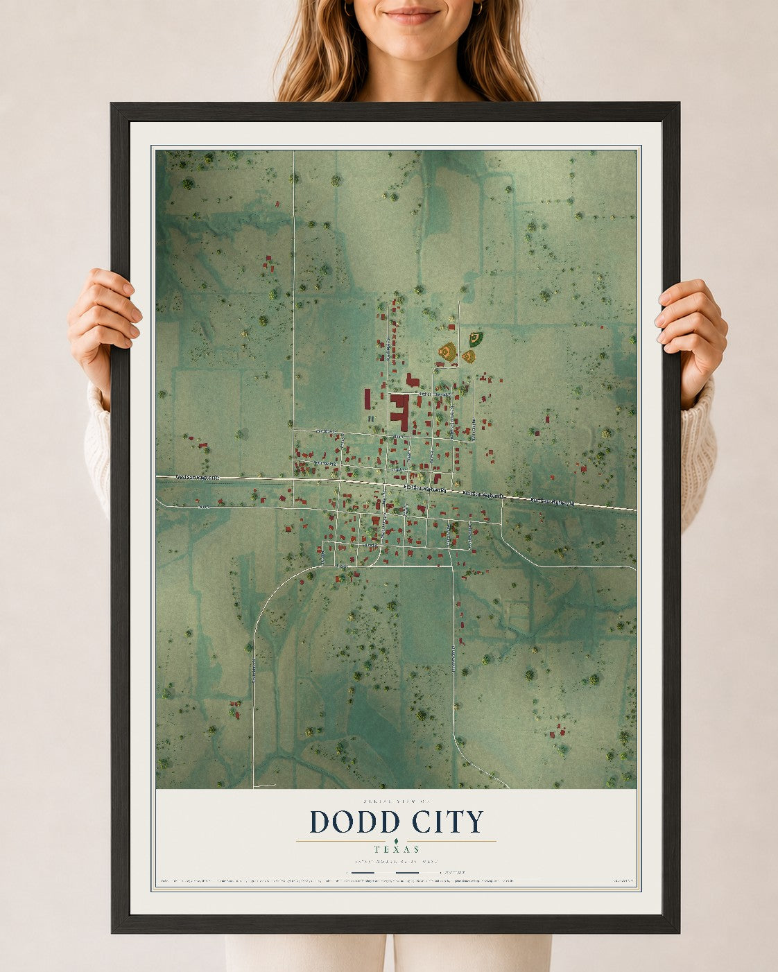 Map of Dodd City, Texas, 24 x 36 inch print in a black wood frame