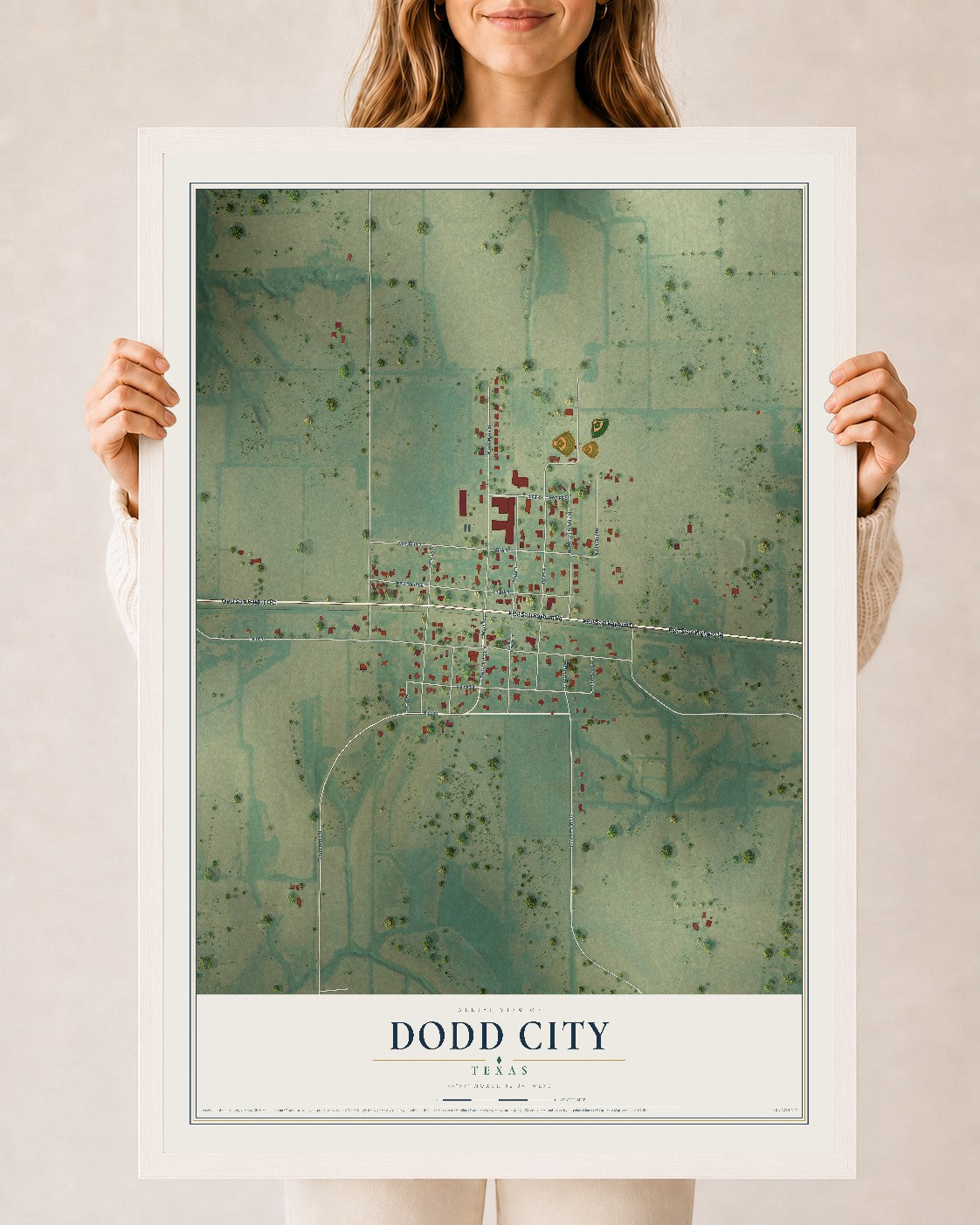 Map of Dodd City, Texas, 24 x 36 inch print in a white wood frame