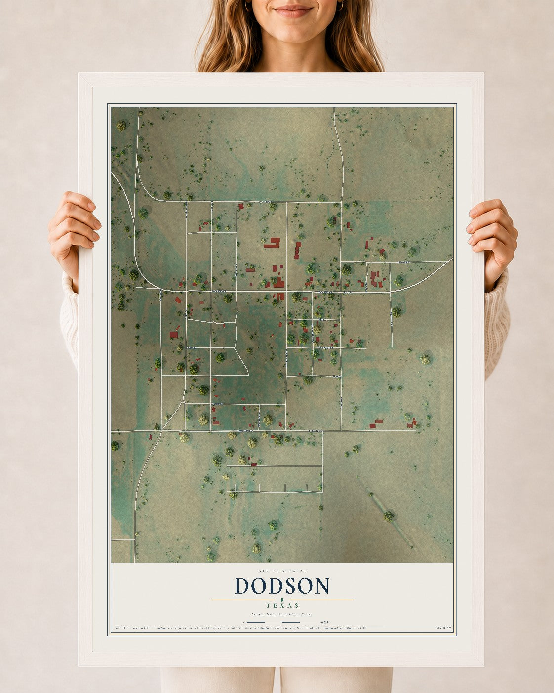 Map of Dodson, Texas, 24 x 36 inch print in a white wood frame