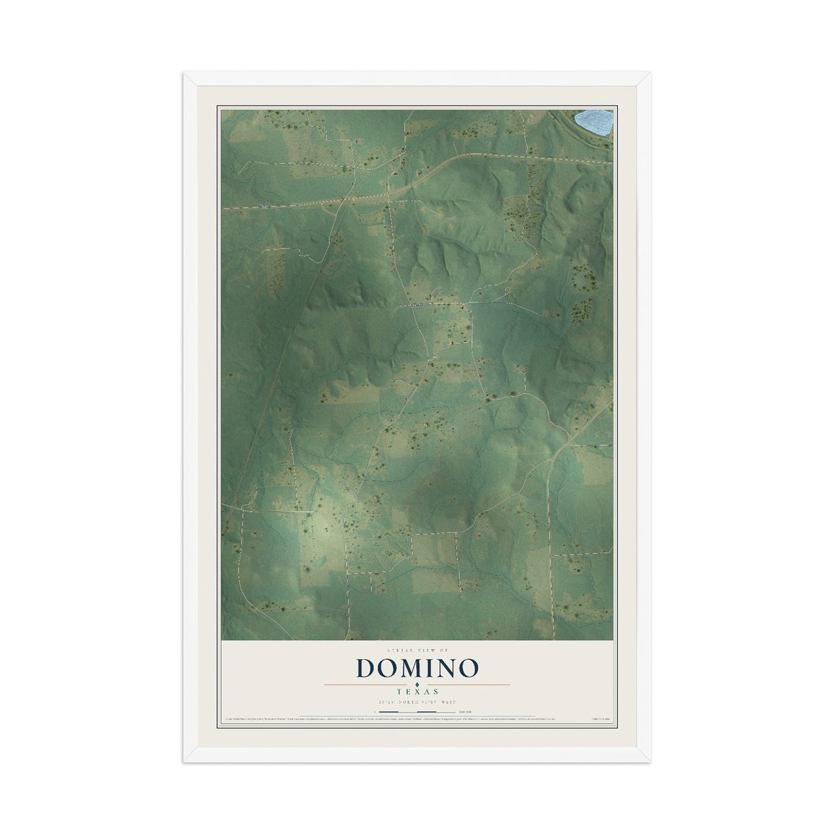 Map of Domino, Texas, 12 x 18 inch print in a white wood frame