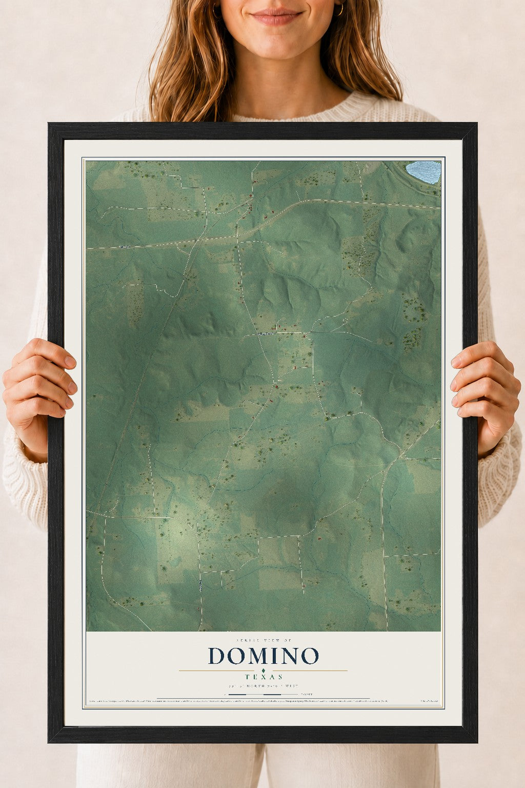 Map of Domino, Texas, 18 x 24 inch print in a black wood frame
