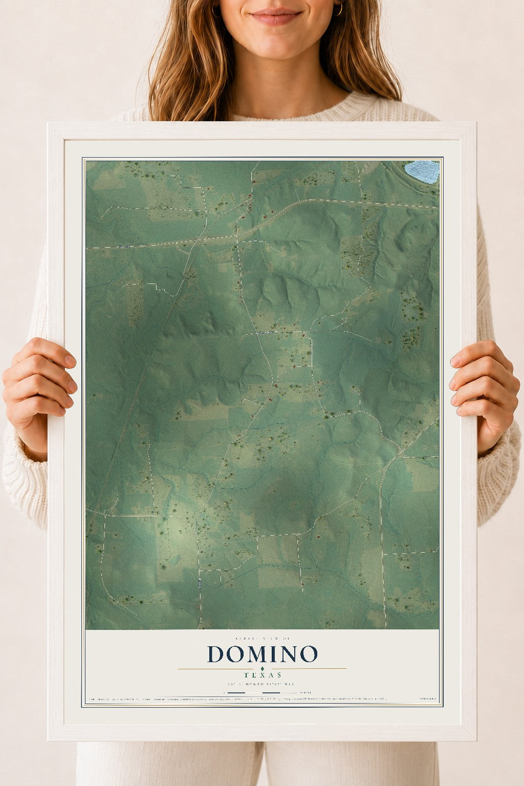 Map of Domino, Texas, 18 x 24 inch print in a white wood frame