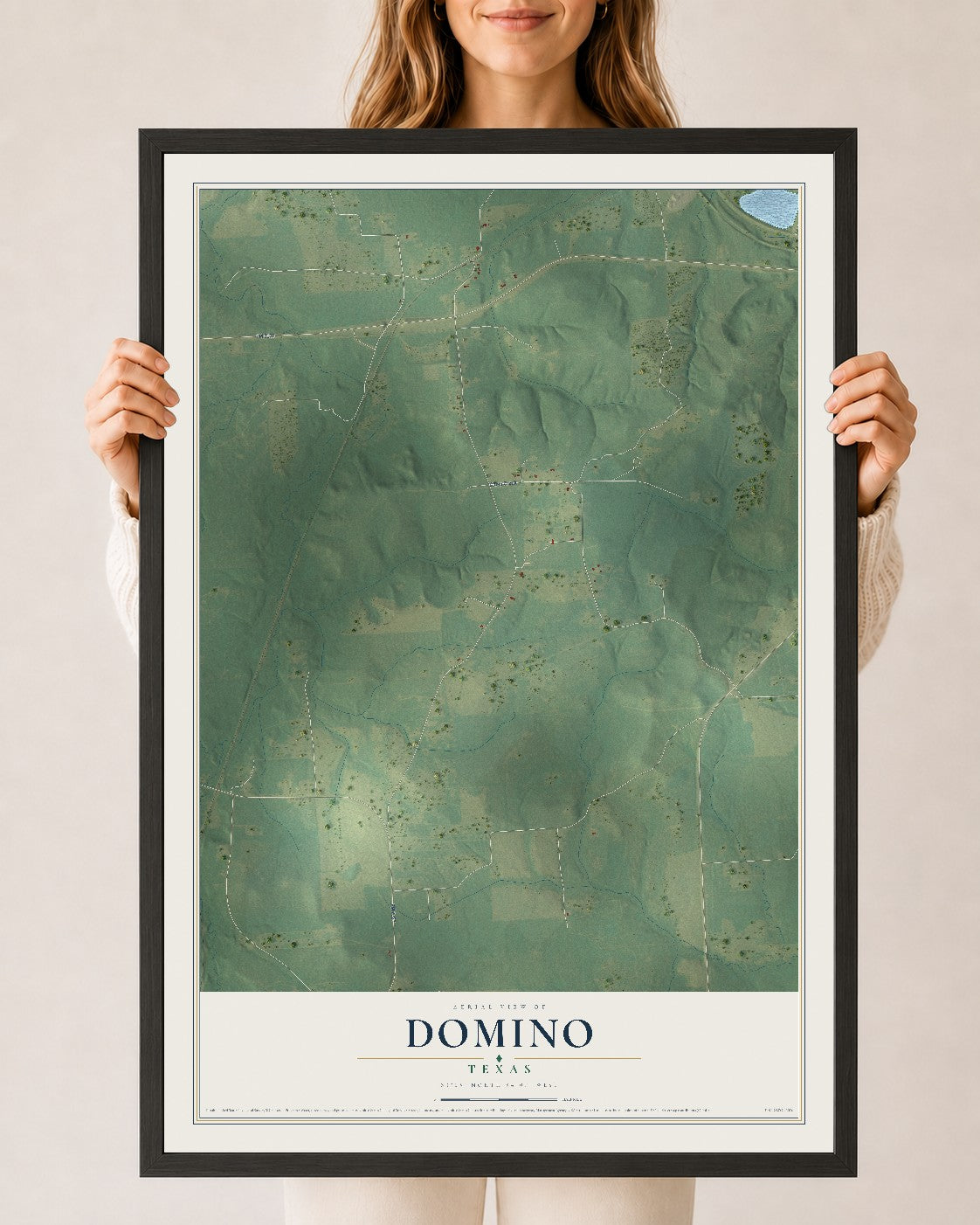 Map of Domino, Texas, 24 x 36 inch print in a black wood frame