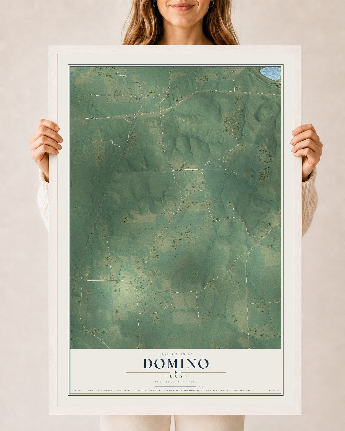 Map of Domino, Texas, 24 x 36 inch print in a white wood frame