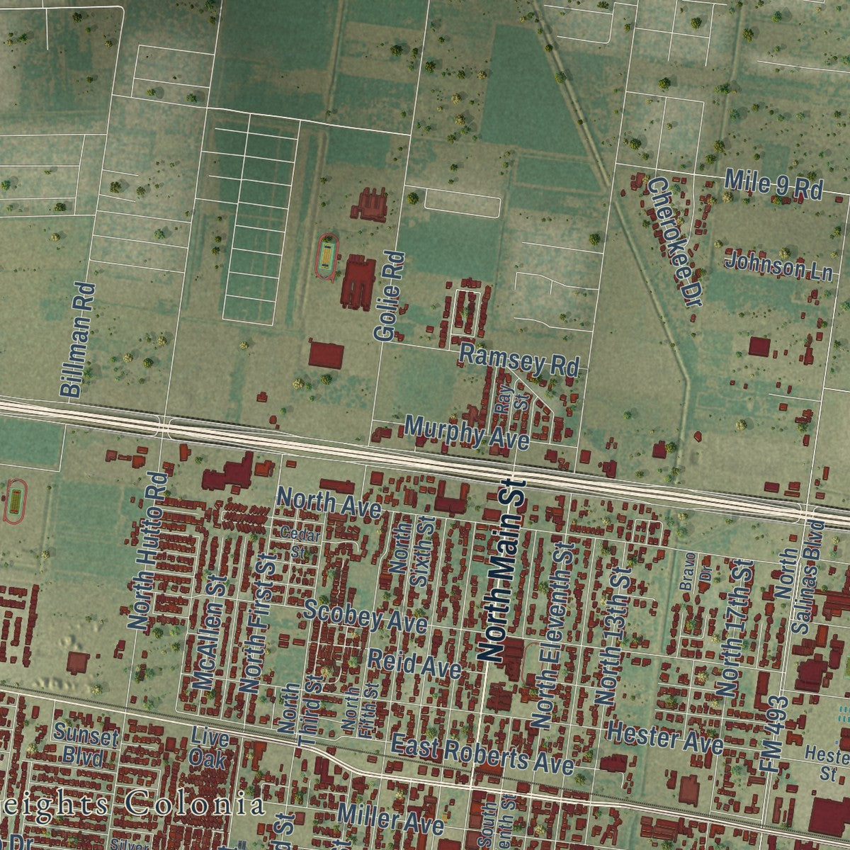 Close-up of the map of Donna, Texas print showing street and building detail