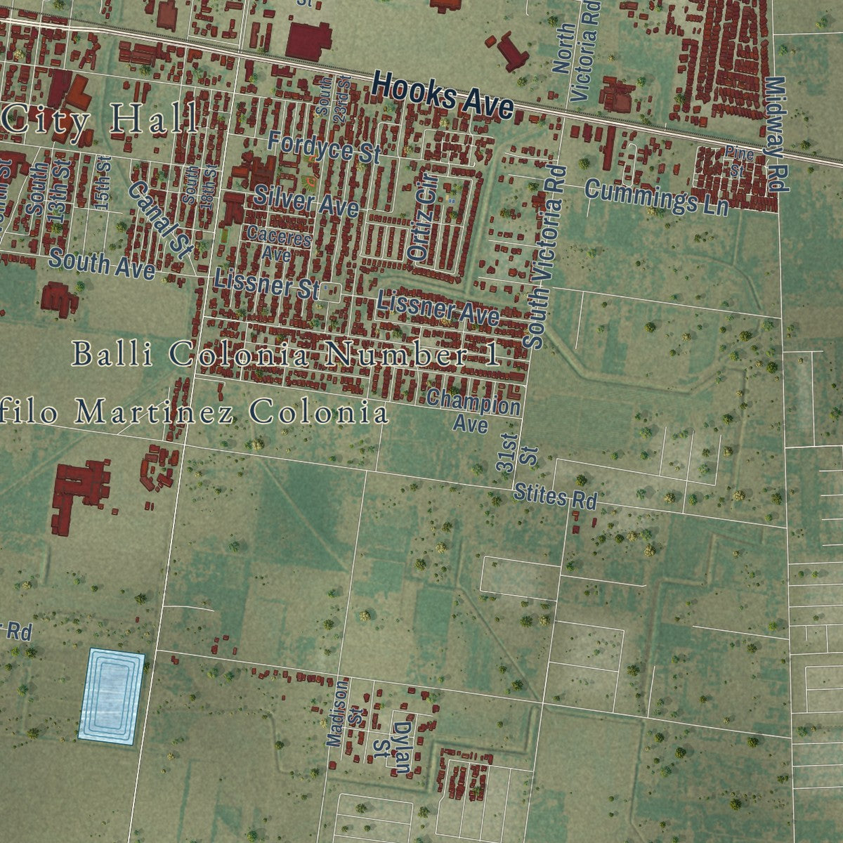 Second close-up of the map of Donna, Texas print showing more streets and buildings