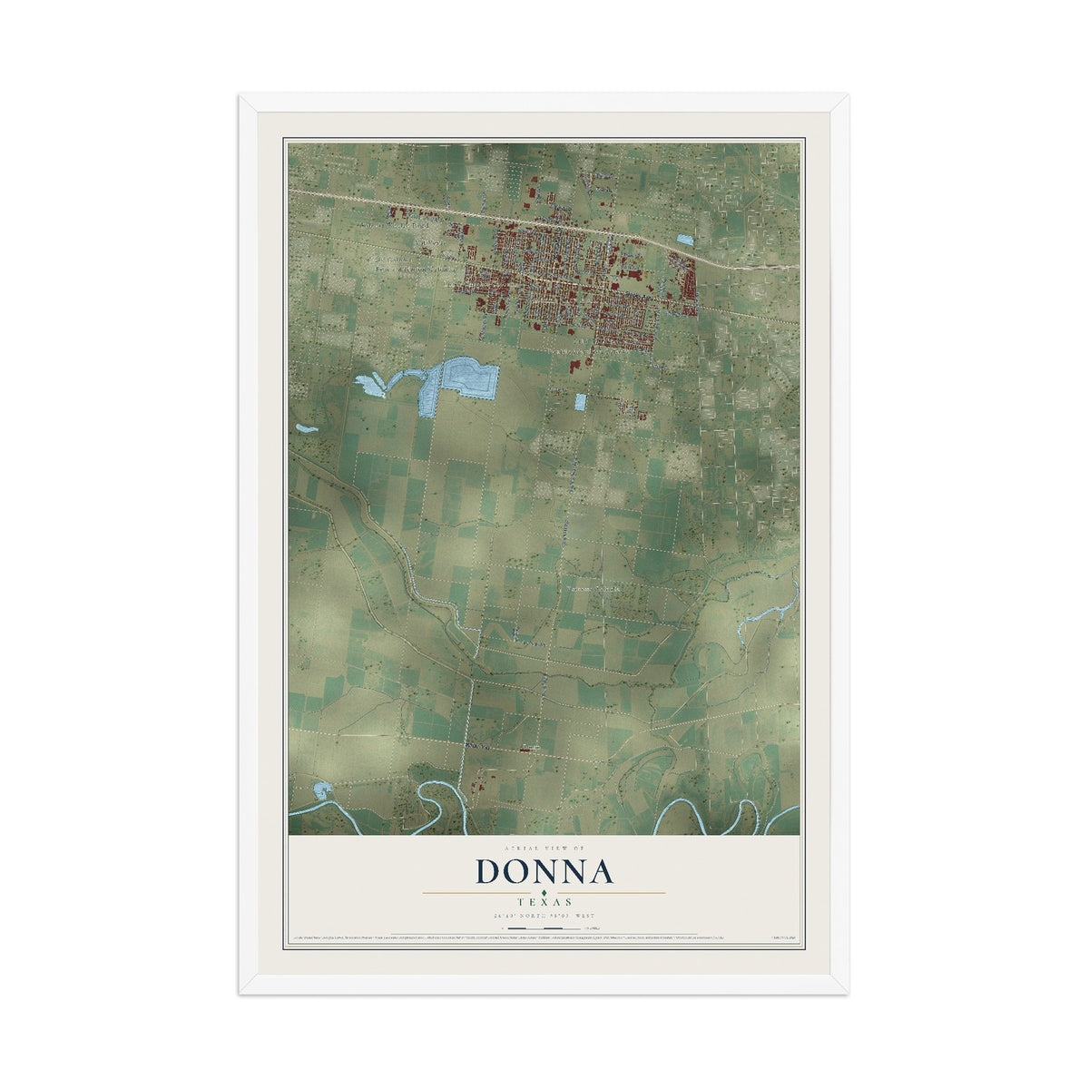 Map of Donna, Texas, 12 x 18 inch print in a white wood frame