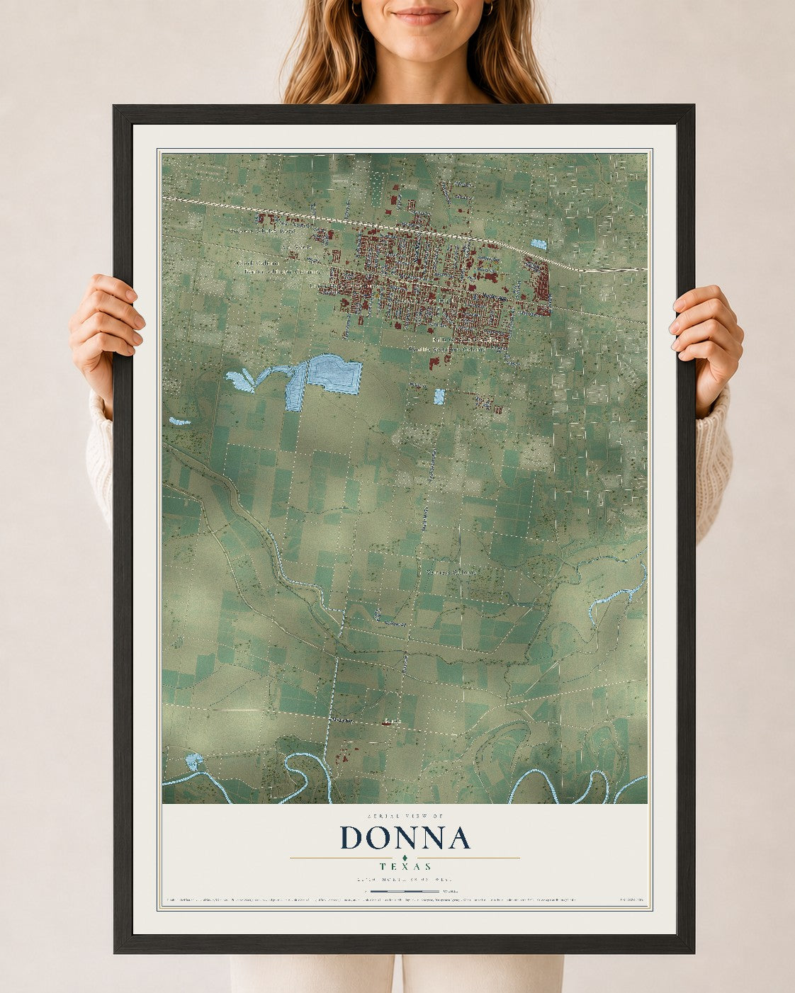 Map of Donna, Texas, 24 x 36 inch print in a black wood frame