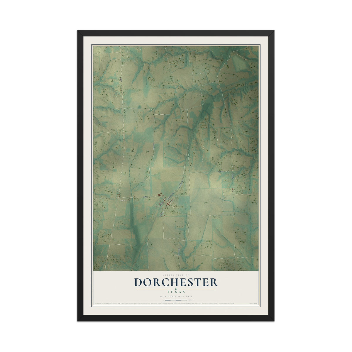 Map of Dorchester, Texas, 12 x 18 inch print in a black wood frame