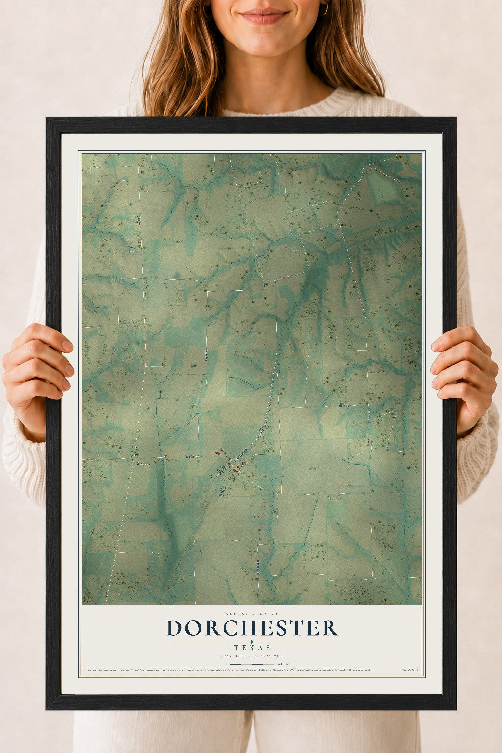 Map of Dorchester, Texas, 18 x 24 inch print in a black wood frame