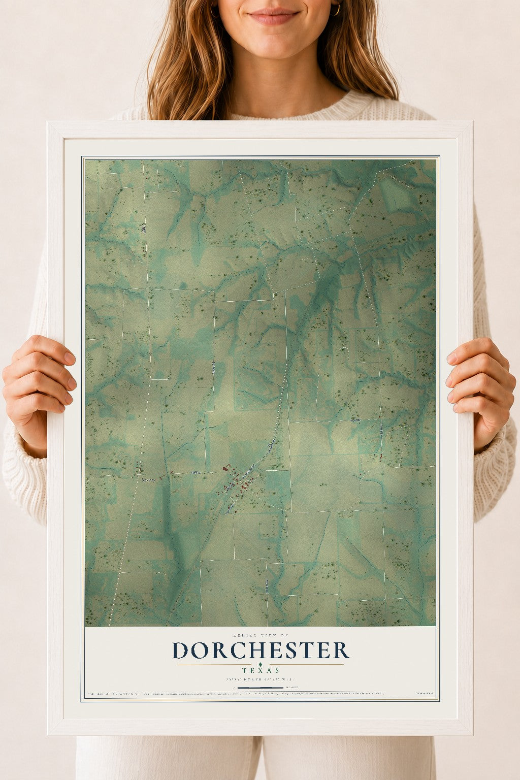 Map of Dorchester, Texas, 18 x 24 inch print in a white wood frame