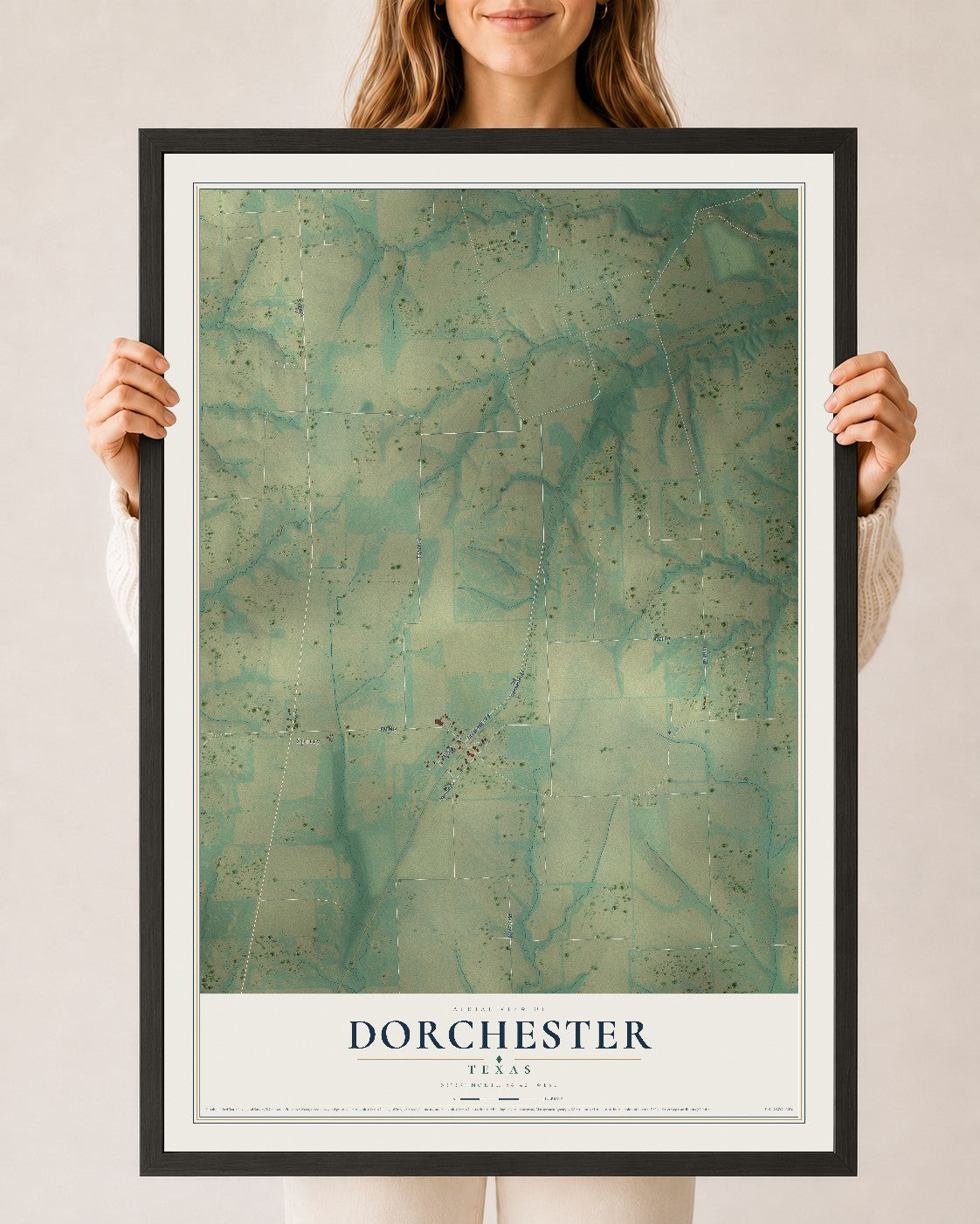 Map of Dorchester, Texas, 24 x 36 inch print in a black wood frame