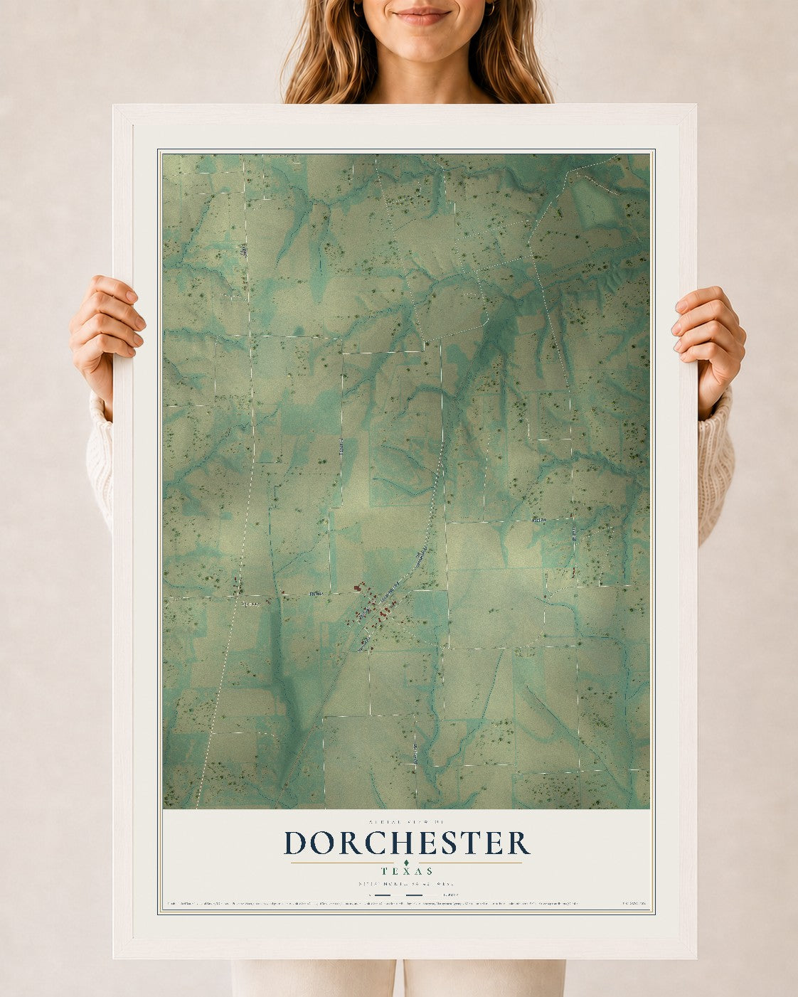 Map of Dorchester, Texas, 24 x 36 inch print in a white wood frame