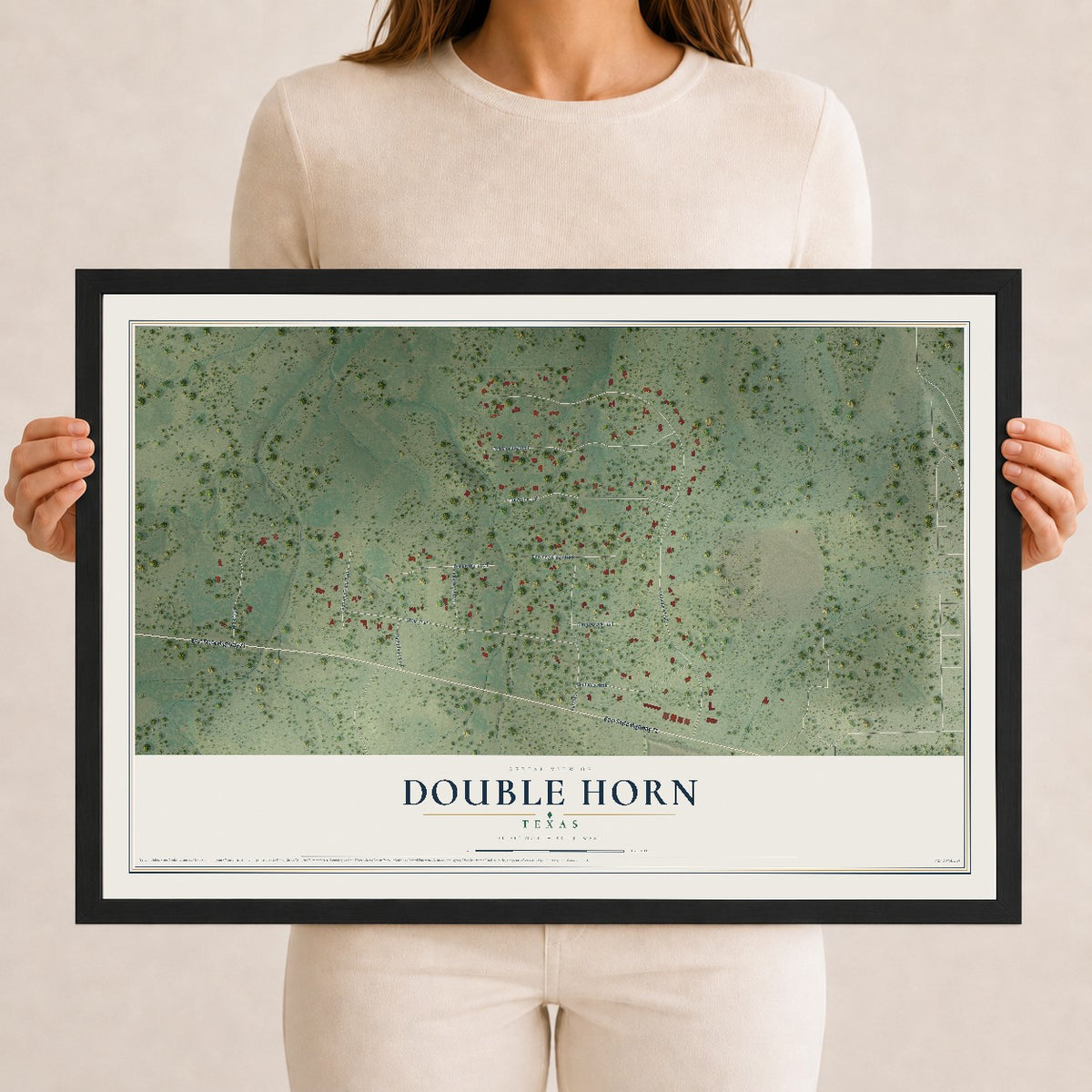 Map of Double Horn, Texas, 12 x 18 inch print in a black wood frame