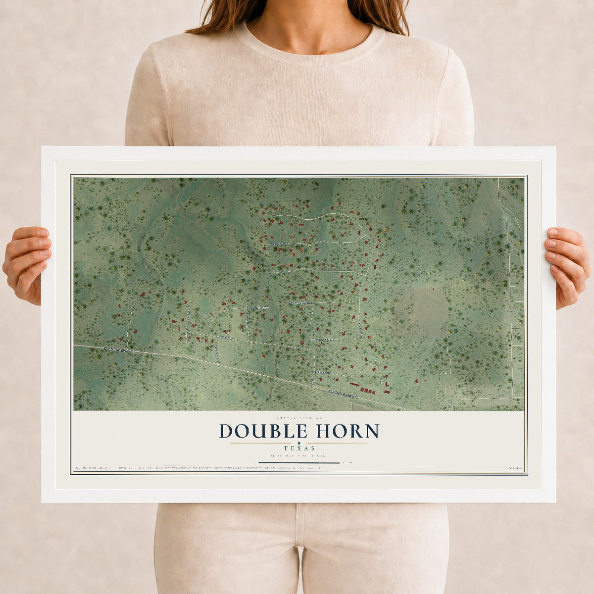 Map of Double Horn, Texas, 12 x 18 inch print in a white wood frame
